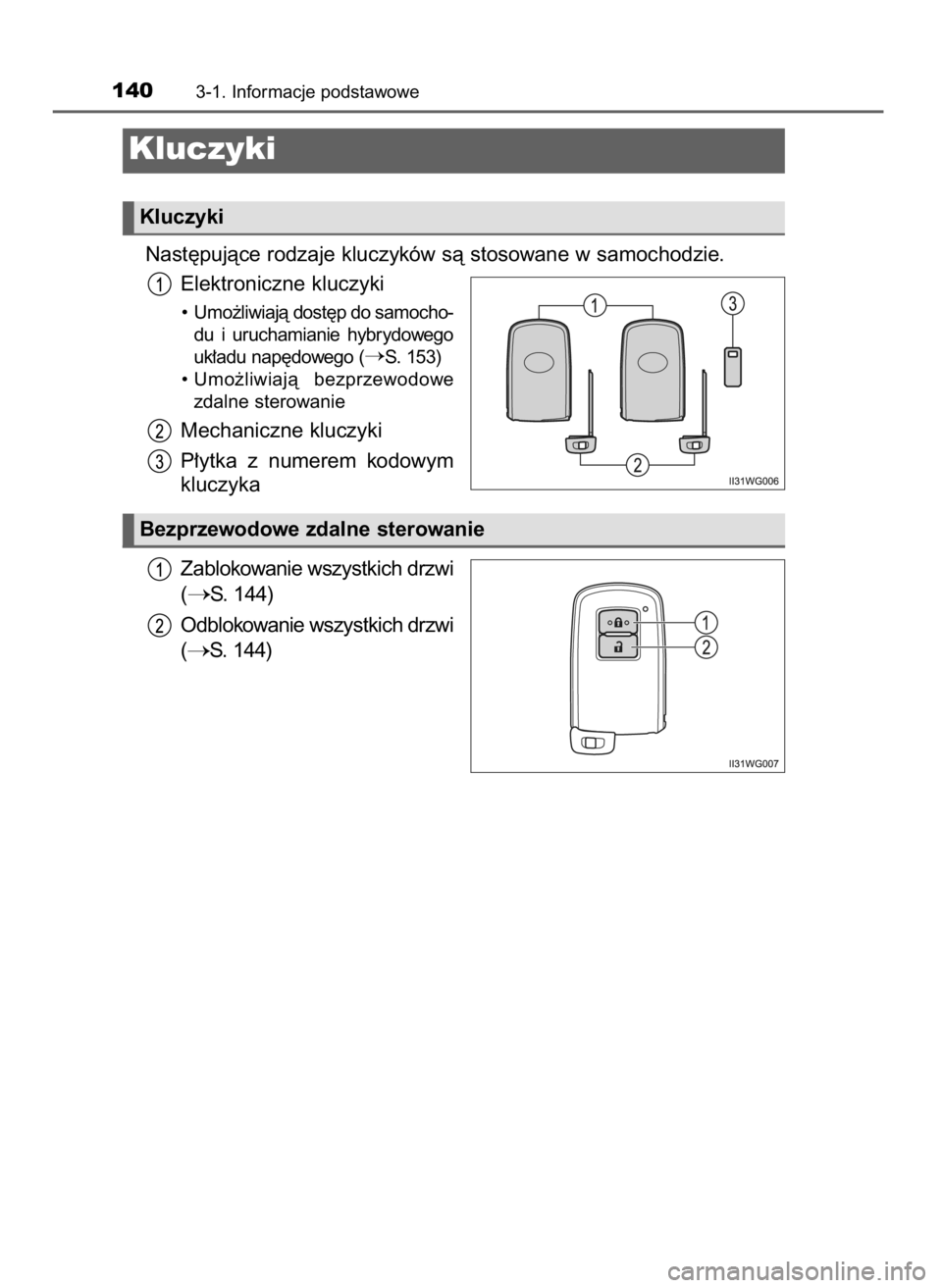 TOYOTA PRIUS PLUS 2019  Instrukcja obsługi (in Polish) Nast´pujàce rodzaje kluczyków sà stosowane w samochodzie.
Elektroniczne kluczyki
•  Umo˝liwiajà dost´p do samocho-
du  i uruchamianie  hybrydowego
uk∏adu nap´dowego (
S. 153)
• Umo˝liw