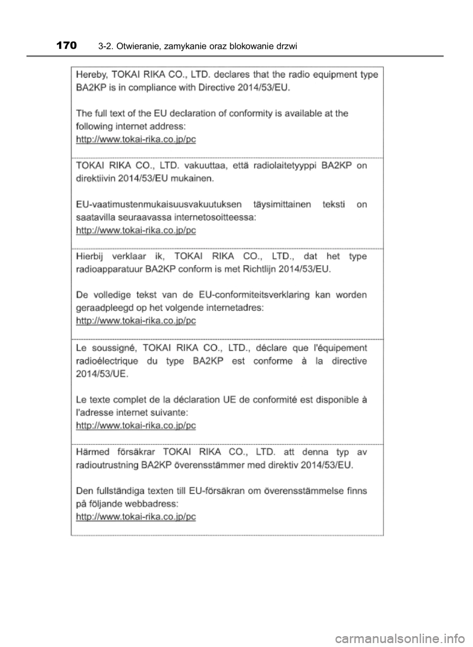 TOYOTA PRIUS PLUS 2019  Instrukcja obsługi (in Polish) 1703-2. Otwieranie, zamykanie oraz blokowanie drzwi
7 PRIUS+ OM47D30E  14/3/19  11:18  Page 170    (Black plate) 