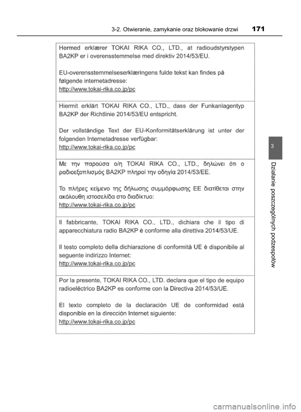 TOYOTA PRIUS PLUS 2019 Instrukcja obsługi (in Polish) 3-2. Otwieranie, zamykanie oraz blokowanie drzwi171
3
Dzia∏anie poszczególnych podzespo∏ów
7 PRIUS+ OM47D30E 14/3/19 11:18 Page 171 (Black plate) TOYOTA PRIUS PLUS 2019 Instrukcja obsługi (in Polish) 3-2. Otwieranie, zamykanie oraz blokowanie drzwi171
3
Dzia∏anie poszczególnych podzespo∏ów
7 PRIUS+ OM47D30E 14/3/19 11:18 Page 171 (Black plate)