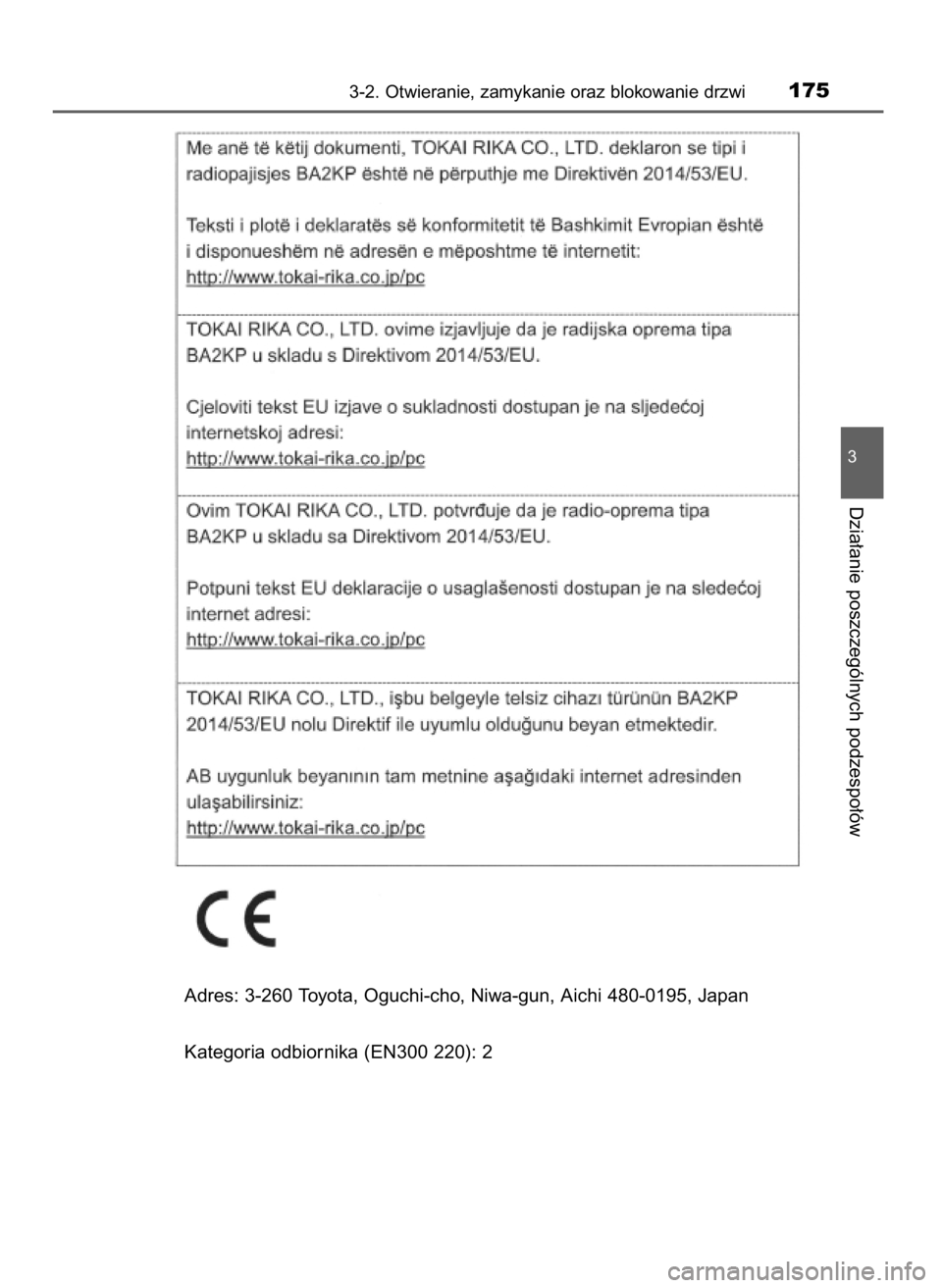 TOYOTA PRIUS PLUS 2019 Instrukcja obsługi (in Polish) 3-2. Otwieranie, zamykanie oraz blokowanie drzwi175
3
Dzia∏anie poszczególnych podzespo∏ów
Adres: 3-260 Toyota, Oguchi-cho, Niwa-gun, Aichi 480-0195, Japan
Kategoria odbiornika (EN300 220): 2
7 TOYOTA PRIUS PLUS 2019 Instrukcja obsługi (in Polish) 3-2. Otwieranie, zamykanie oraz blokowanie drzwi175
3
Dzia∏anie poszczególnych podzespo∏ów
Adres: 3-260 Toyota, Oguchi-cho, Niwa-gun, Aichi 480-0195, Japan
Kategoria odbiornika (EN300 220): 2
7