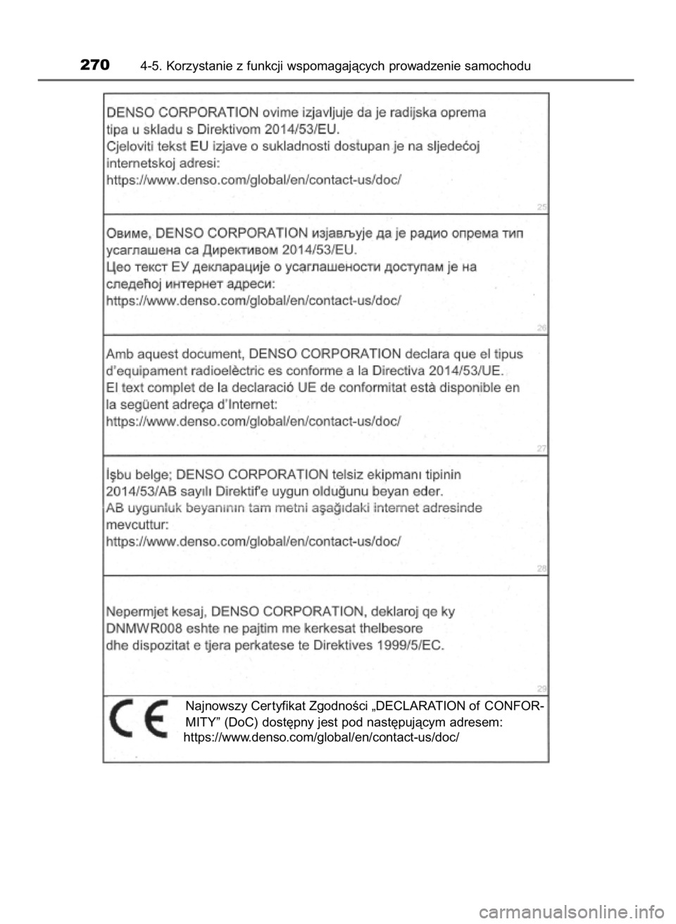 TOYOTA PRIUS PLUS 2019  Instrukcja obsługi (in Polish) 2704-5. Korzystanie z funkcji wspomagajàcych prowadzenie samochodu
Najnowszy Cer tyfikat ZgodnoÊci „DECLARATION of CONFOR-
MITY” (DoC) dost´pny jest pod nast´pujàcym adresem:
https://www.dens