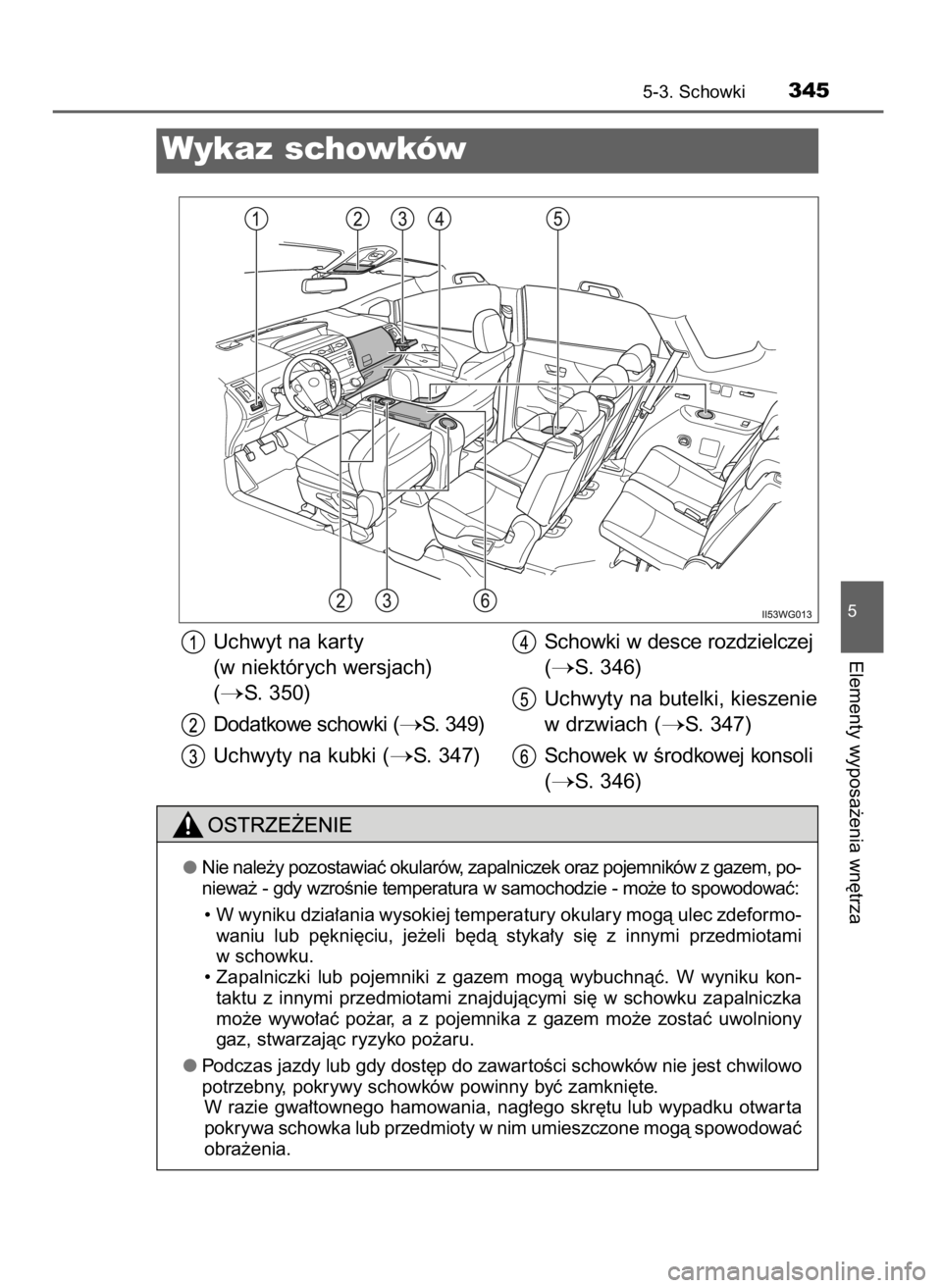 TOYOTA PRIUS PLUS 2019  Instrukcja obsługi (in Polish) 5-3. Schowki345
5
Elementy wyposa˝enia wn´trza
Wykaz schowków
Uchwyt na kar ty
(w niektórych wersjach)
(
S. 350)
Dodatkowe schowki (
S. 349)
Uchwyty na kubki (
S. 347)Schowki w desce rozdzielcz
