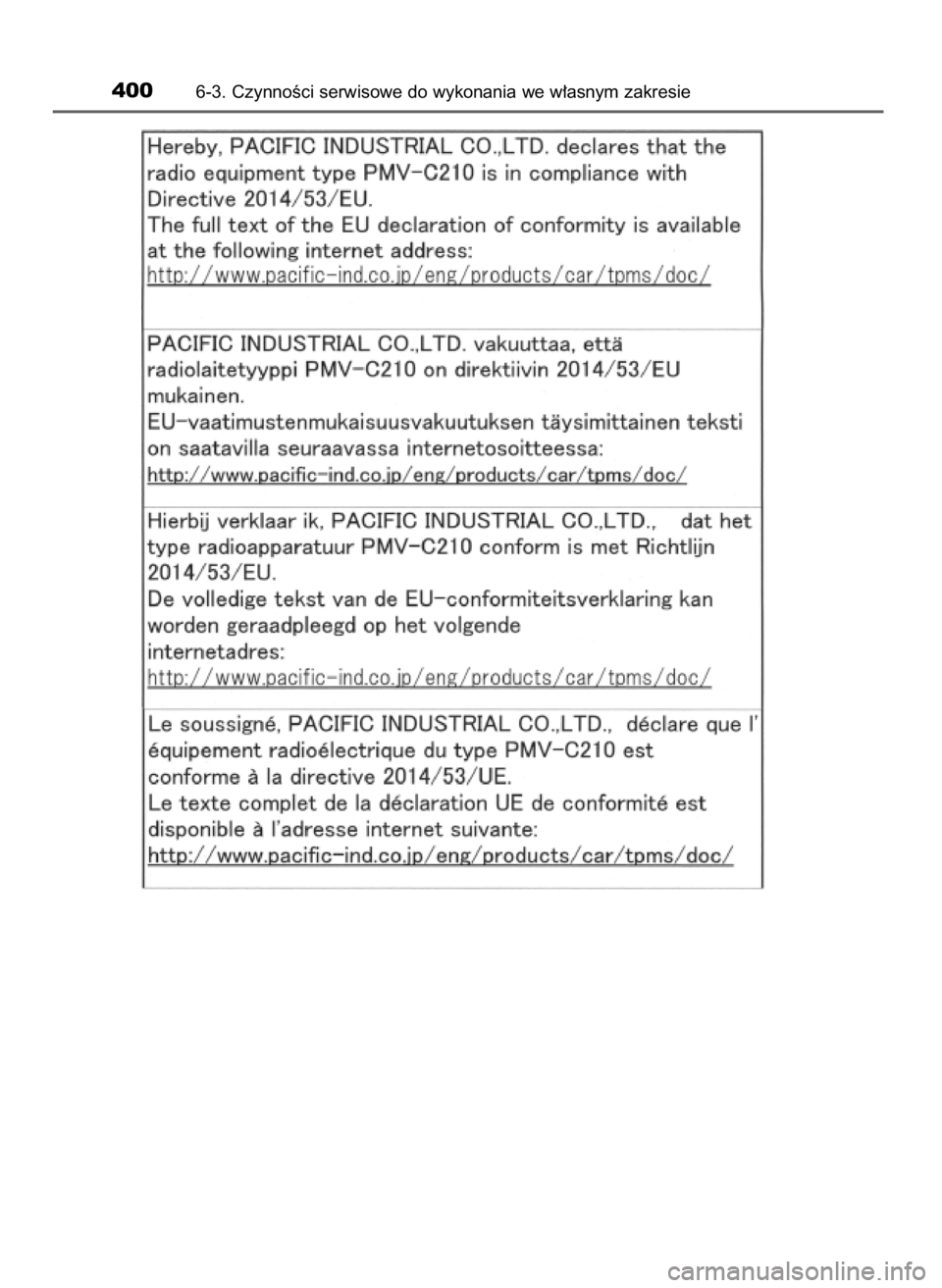 TOYOTA PRIUS PLUS 2019  Instrukcja obsługi (in Polish) 4006-3. CzynnoÊci serwisowe do wykonania we w∏asnym zakresie
7 PRIUS+ OM47D30E  14/3/19  11:20  Page 400    (Black plate) 