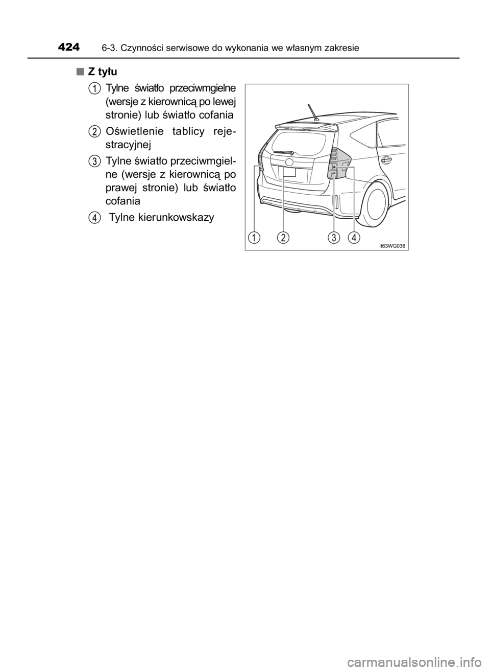 TOYOTA PRIUS PLUS 2019  Instrukcja obsługi (in Polish) Z ty∏u
Tylne  Êwiat∏o  przeciwmgielne
(wersje z kierownicà po lewej
stronie) lub Êwiat∏o cofania
OÊwietlenie  tablicy  reje-
stracyjnej
Tylne Êwiat∏o przeciwmgiel-
ne  (wersje  z kierowni