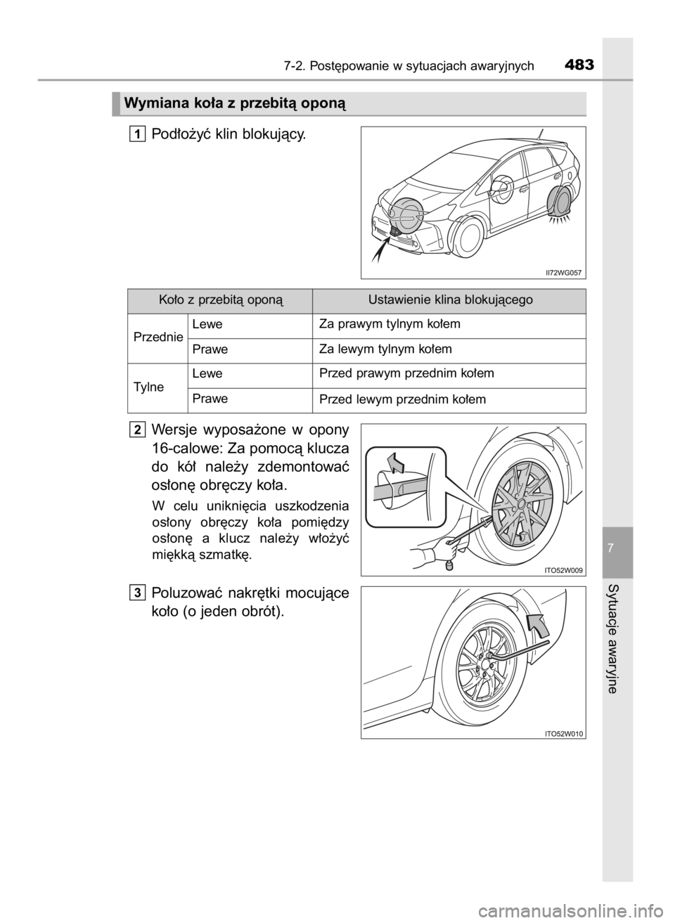 TOYOTA PRIUS PLUS 2019  Instrukcja obsługi (in Polish) Pod∏o˝yç klin blokujàcy.
Wersje  wyposa˝one  w opony
16-calowe: Za pomocà klucza
do  kó∏  nale˝y  zdemontowaç
os∏on´ obr´czy ko∏a.
W celu  unikni´cia  uszkodzenia
os∏ony  obr´czy