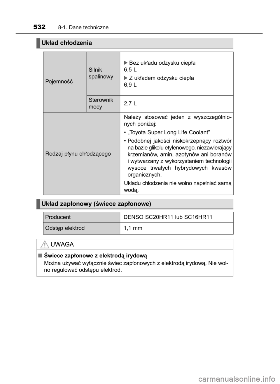 TOYOTA PRIUS PLUS 2019  Instrukcja obsługi (in Polish) 5328-1. Dane techniczne
Uk∏ad ch∏odzenia 
Uk∏ad zap∏onowy (Êwiece zap∏onowe)
PojemnoÊçSilnik
spalinowy
ó Bez uk∏adu odzysku ciep∏a
6,5 L
ó Z uk∏adem odzysku ciep∏a
6,9 L
Rodzaj 