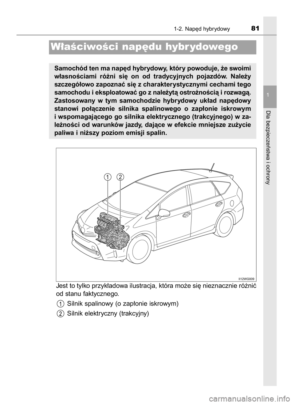 TOYOTA PRIUS PLUS 2019  Instrukcja obsługi (in Polish) Jest to tylko przyk∏adowa ilustracja, która mo˝e si´ nieznacznie ró˝niç
od stanu faktycznego.
Silnik spalinowy (o zap∏onie iskrowym)
Silnik elektryczny (trakcyjny)
1-2. Nap´d hybrydowy81
1
