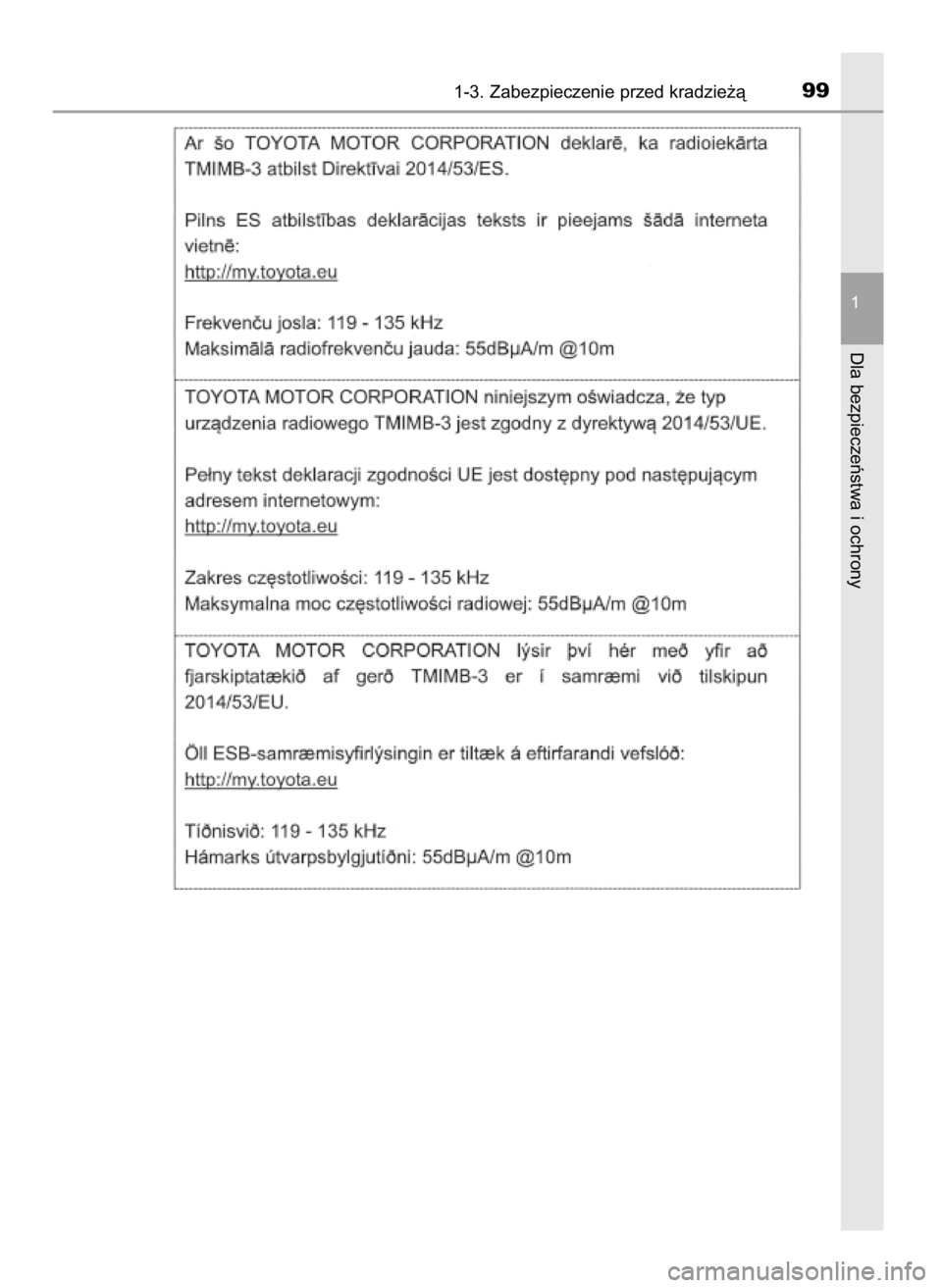 TOYOTA PRIUS PLUS 2019 Instrukcja obsługi (in Polish) 1-3. Zabezpieczenie przed kradzie˝à99
1
Dla bezpieczeƒstwa i ochrony
7 PRIUS+ OM47D30E 14/3/19 11:18 Page 99 (Black plate) TOYOTA PRIUS PLUS 2019 Instrukcja obsługi (in Polish) 1-3. Zabezpieczenie przed kradzie˝à99
1
Dla bezpieczeƒstwa i ochrony
7 PRIUS+ OM47D30E 14/3/19 11:18 Page 99 (Black plate)