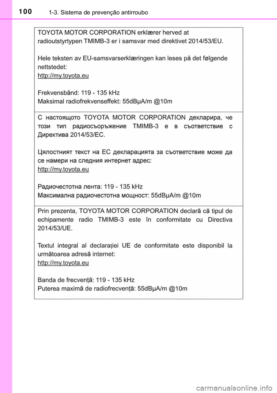 TOYOTA PRIUS PLUS 2019  Manual de utilização (in Portuguese) 100������6�L�V�W�H�P�D��G�H��S�U�H�Y�H�Q�o�m�R��D�Q�W�L�U�U�R�X�E�R 