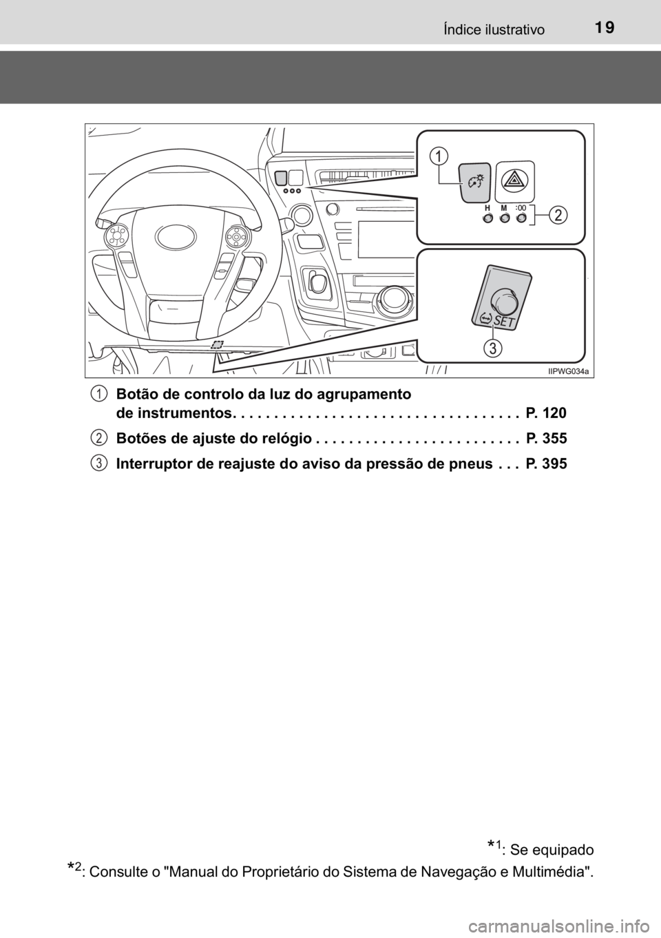 TOYOTA PRIUS PLUS 2019  Manual de utilização (in Portuguese) 19�Ë�Q�G�L�F�H��L�O�X�V�W�U�D�W�L�Y�R
�%�R�W�m�R��G�H��F�R�Q�W�U�R�O�R��G�D��O�X�]��G�R��D�J�U�X�S�D�P�H�Q�W�R�
�G�H��L�Q�V�W�U�X�P�H�Q�W�R�V�������������������������
