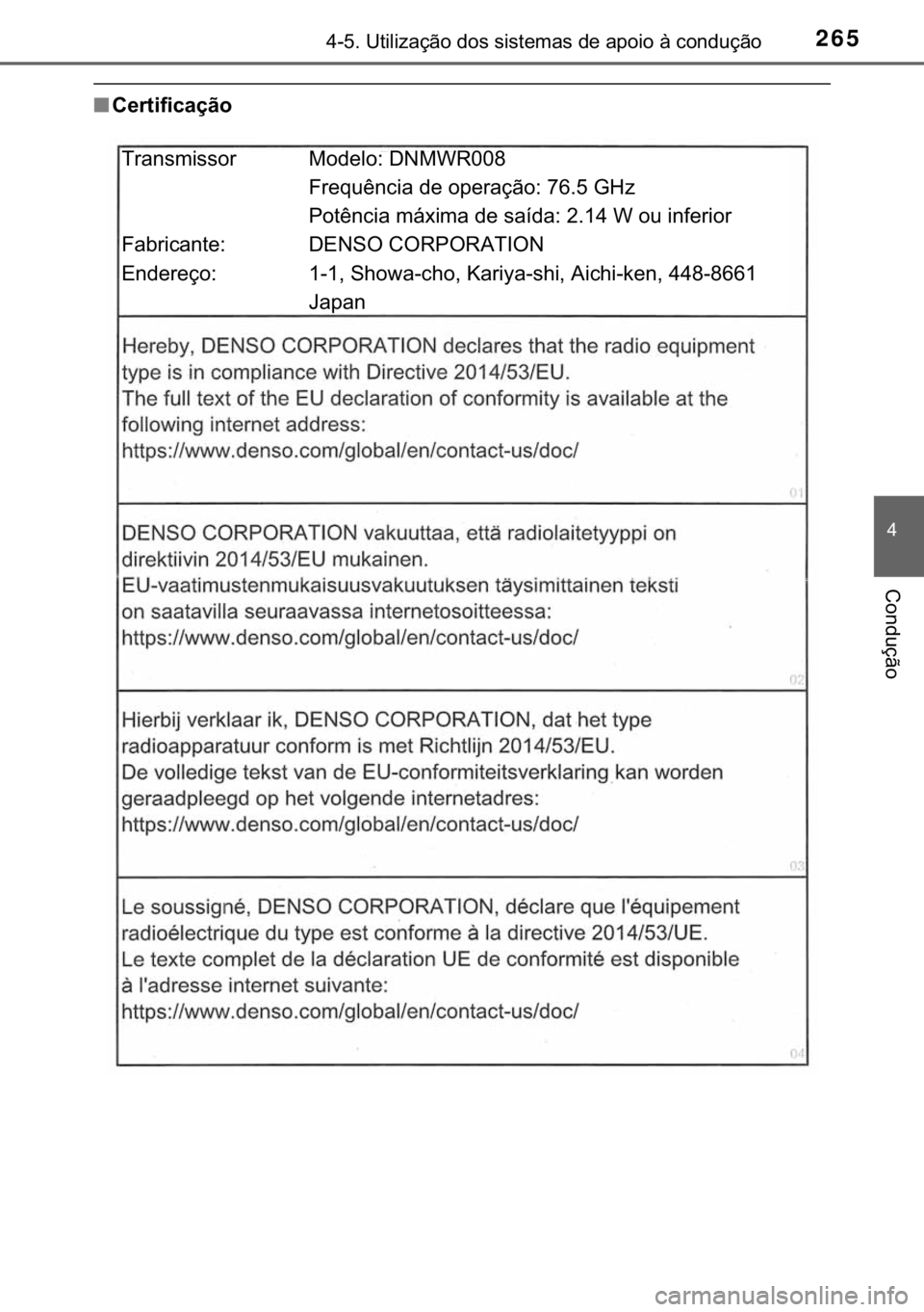 TOYOTA PRIUS PLUS 2019  Manual de utilização (in Portuguese) 265������8�W�L�O�L�]�D�o�m�R��G�R�V��V�L�V�W�H�P�D�V��G�H��D�S�R�L�R��j��F�R�Q�G�X�o�m�R
�
�&�R�Q�G�X�o�m�R
■�&�H�U�W�L�I�L�F�D�o�m�R
�7�U�D�Q�V�P�L�V�V�R�U �0�R�G�H�O�R����1�0�:�5��