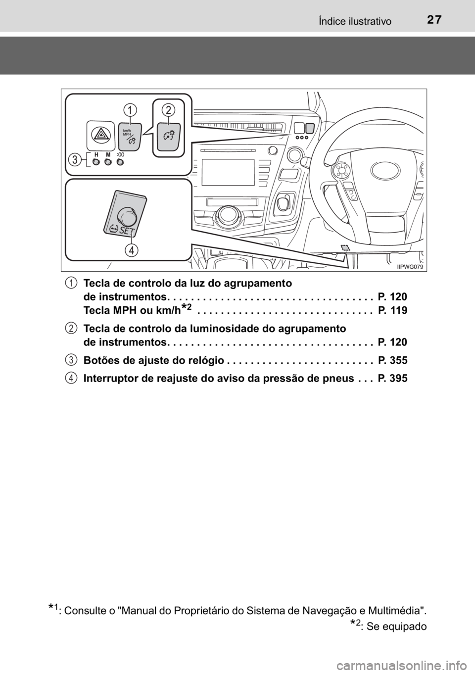 TOYOTA PRIUS PLUS 2019  Manual de utilização (in Portuguese) 27�Ë�Q�G�L�F�H��L�O�X�V�W�U�D�W�L�Y�R
�7�H�F�O�D��G�H��F�R�Q�W�U�R�O�R��G�D��O�X�]��G�R��D�J�U�X�S�D�P�H�Q�W�R�
�G�H��L�Q�V�W�U�X�P�H�Q�W�R�V�������������������������