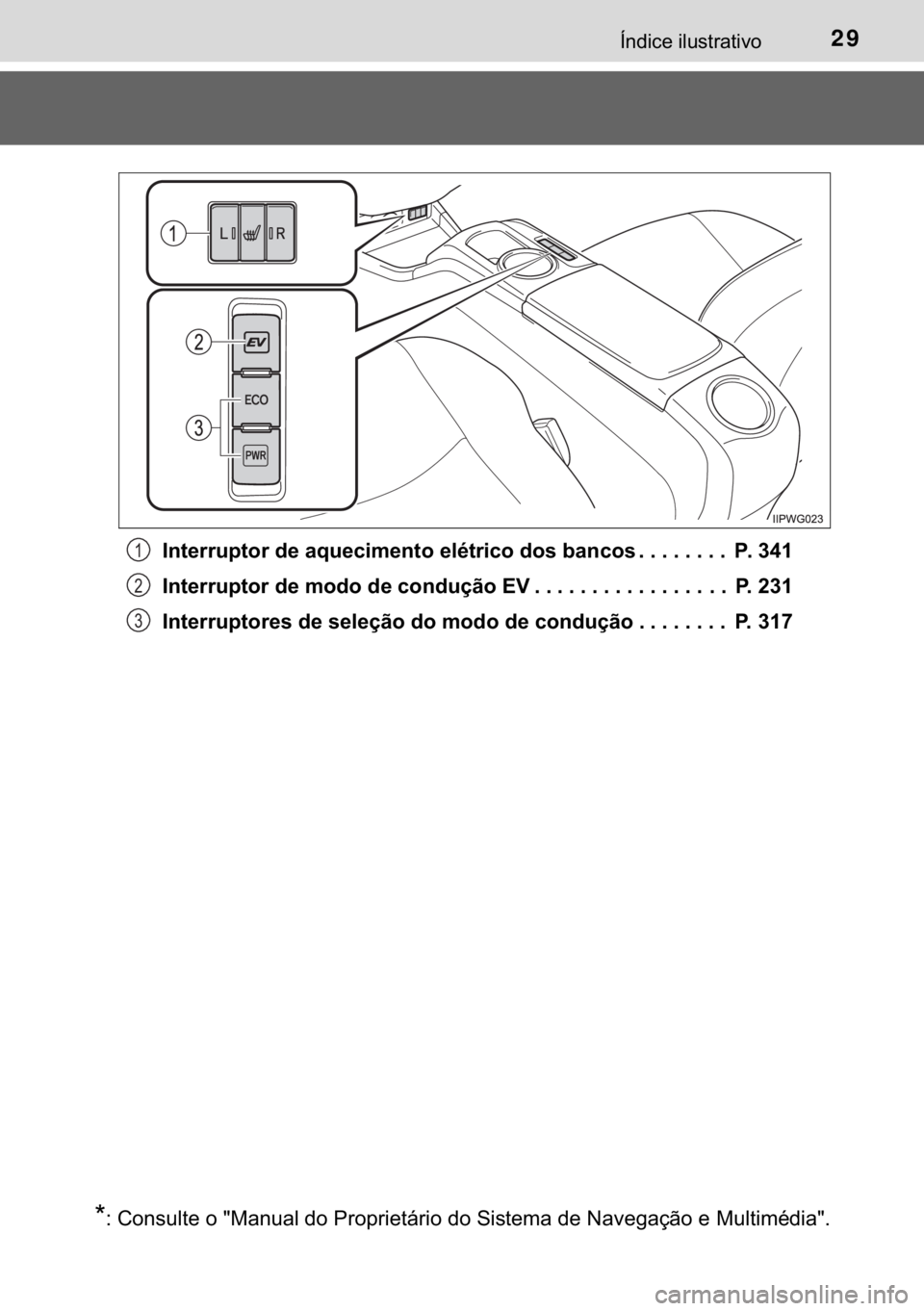 TOYOTA PRIUS PLUS 2019  Manual de utilização (in Portuguese) 29�Ë�Q�G�L�F�H��L�O�X�V�W�U�D�W�L�Y�R
�,�Q�W�H�U�U�X�S�W�R�U��G�H��D�T�X�H�F�L�P�H�Q�W�R��H�O�p�W�U�L�F�R��G�R�V��E�D�Q�F�R�V ���������������� �3�����
�,�Q�W�H�U�U�X�S�W�R�