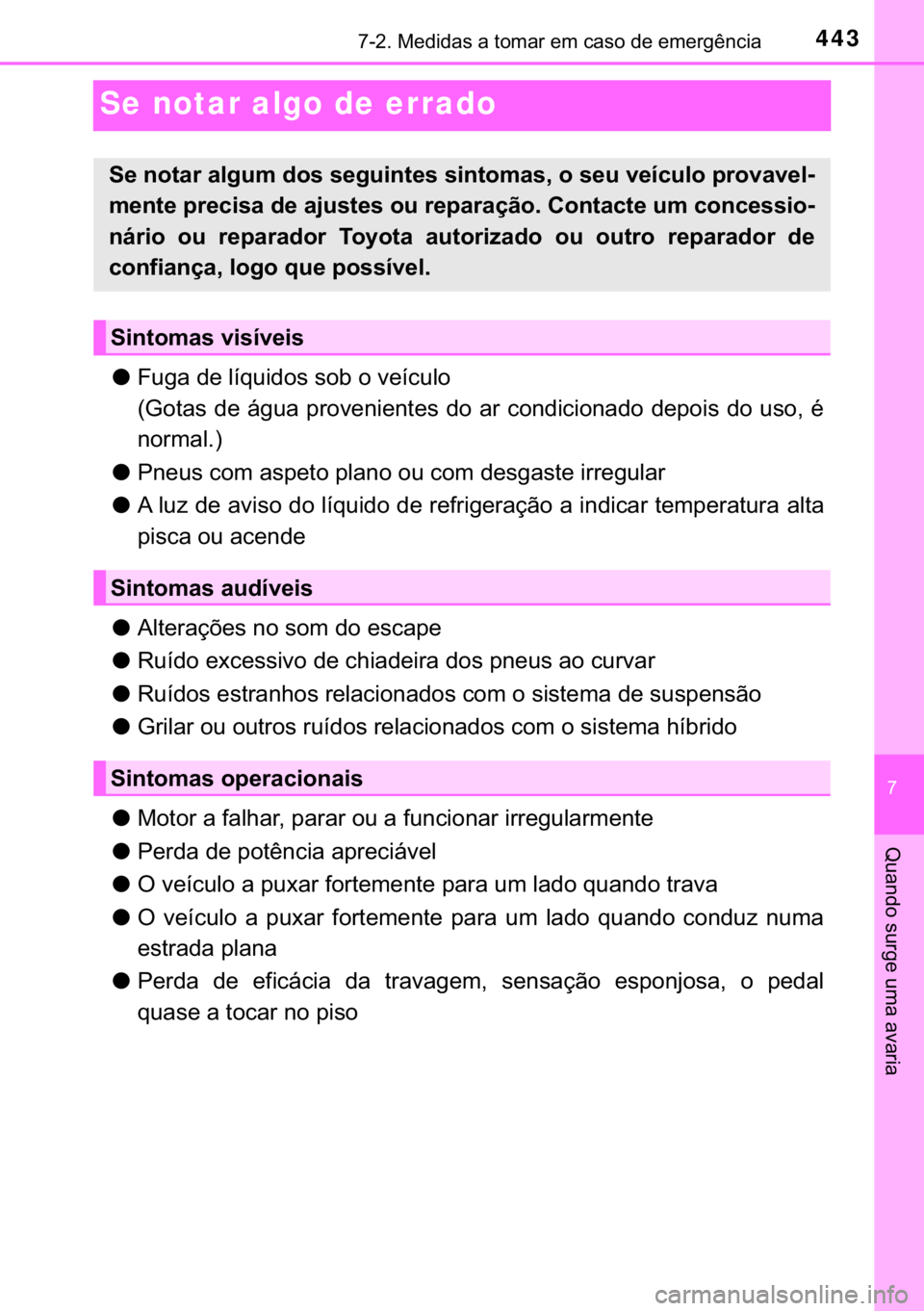 TOYOTA PRIUS PLUS 2019  Manual de utilização (in Portuguese) 443������0�H�G�L�G�D�V��D��W�R�P�D�U��H�P��F�D�V�R��G�H��H�P�H�U�J�r�Q�F�L�D
�
�4�X�D�Q�G�R��V�X�U�J�H��X�P�D��D�Y�D�U�L�D
Se notar algo de errado
●�)�X�J�D��G�H��O�t�T�X�L�G�R�V��