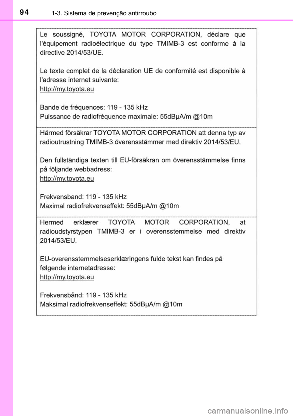 TOYOTA PRIUS PLUS 2019  Manual de utilização (in Portuguese) 94������6�L�V�W�H�P�D��G�H��S�U�H�Y�H�Q�o�m�R��D�Q�W�L�U�U�R�X�E�R 