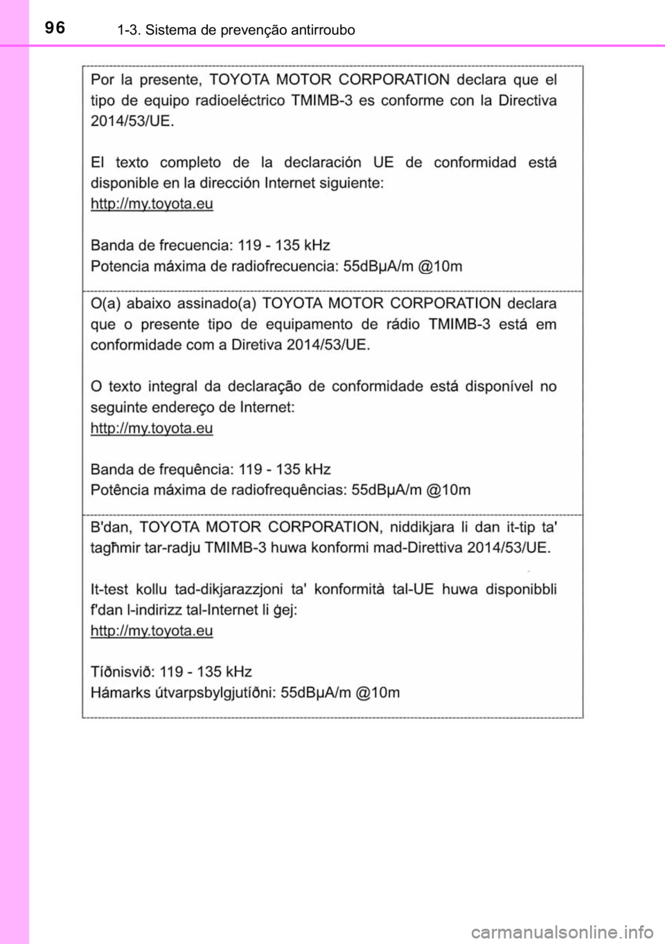 TOYOTA PRIUS PLUS 2019  Manual de utilização (in Portuguese) 96������6�L�V�W�H�P�D��G�H��S�U�H�Y�H�Q�o�m�R��D�Q�W�L�U�U�R�X�E�R 