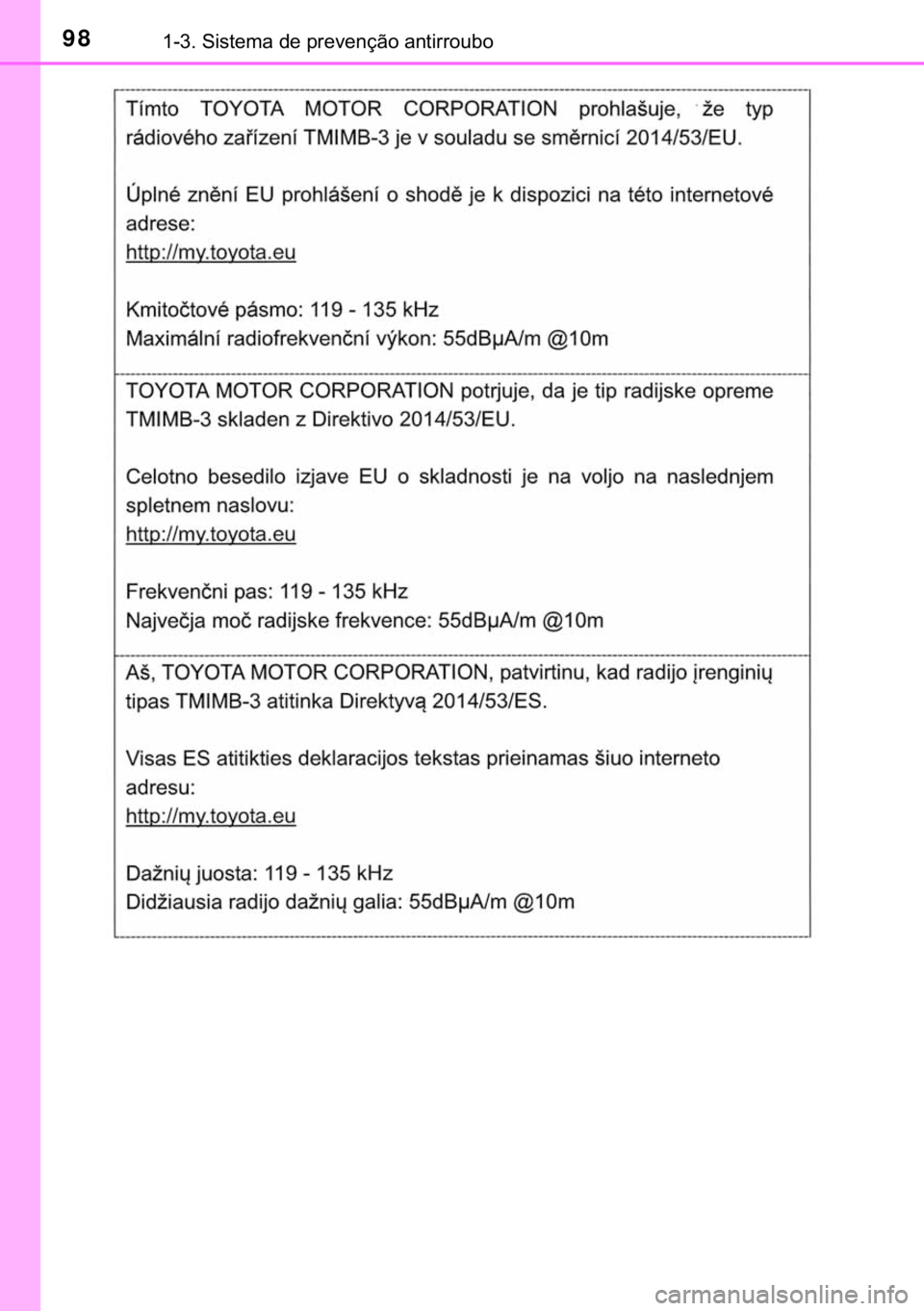 TOYOTA PRIUS PLUS 2019  Manual de utilização (in Portuguese) 98������6�L�V�W�H�P�D��G�H��S�U�H�Y�H�Q�o�m�R��D�Q�W�L�U�U�R�X�E�R 
