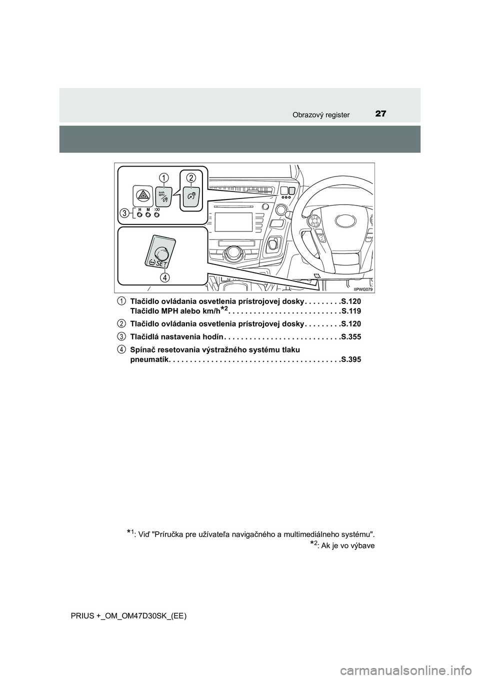 TOYOTA PRIUS PLUS 2019  Návod na použitie (in Slovakian) 27Obrazový register
PRIUS +_OM_OM47D30SK_(EE)Tlačidlo ovládania osvetlenia prístrojovej dosky . . . . . . . . .S.120
Tlačidlo MPH alebo km/h
*2. . . . . . . . . . . . . . . . . . . . . . . . . . 