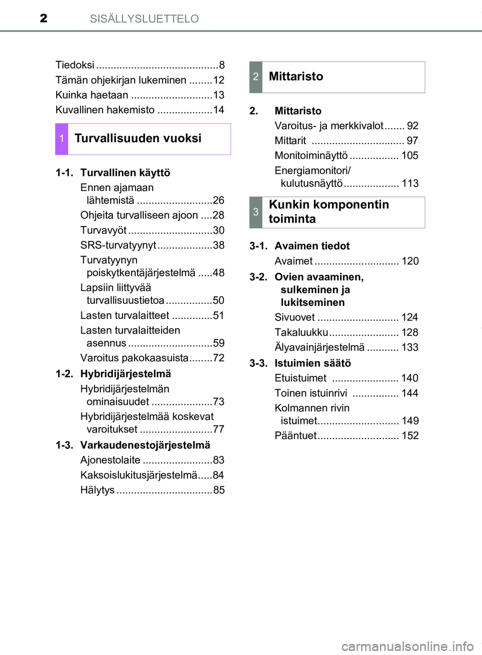 TOYOTA PRIUS PLUS 2019 Omistajan Käsikirja (in Finnish) SISÄLLYSLUETTELO2
PRIUS +_OM47D30FITiedoksi ..........................................8
Tämän ohjekirjan lukeminen ........12
Kuinka haetaan ............................13
Kuvallinen hakemisto .... TOYOTA PRIUS PLUS 2019 Omistajan Käsikirja (in Finnish) SISÄLLYSLUETTELO2
PRIUS +_OM47D30FITiedoksi ..........................................8
Tämän ohjekirjan lukeminen ........12
Kuinka haetaan ............................13
Kuvallinen hakemisto ....