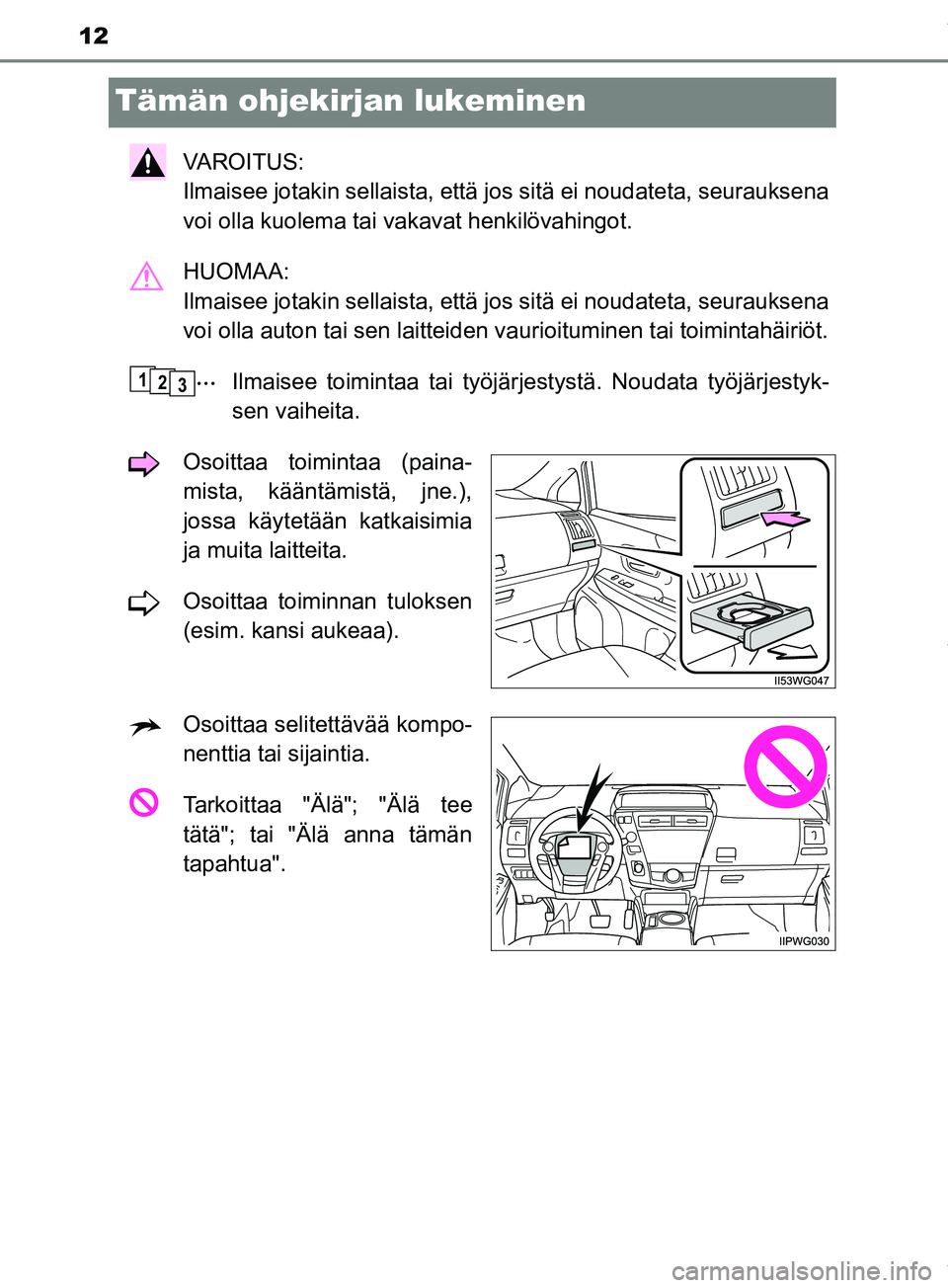 TOYOTA PRIUS PLUS 2019 Omistajan Käsikirja (in Finnish) 12
PRIUS +_OM47D30FI
Tämän ohjekirjan lukeminen
VAROITUS:
Ilmaisee jotakin sellaista, että jos sitä ei noudateta, seurauksena
voi olla kuolema tai vakavat henkilövahingot.
HUOMAA:
Ilmaisee jota TOYOTA PRIUS PLUS 2019 Omistajan Käsikirja (in Finnish) 12
PRIUS +_OM47D30FI
Tämän ohjekirjan lukeminen
VAROITUS:
Ilmaisee jotakin sellaista, että jos sitä ei noudateta, seurauksena
voi olla kuolema tai vakavat henkilövahingot.
HUOMAA:
Ilmaisee jota