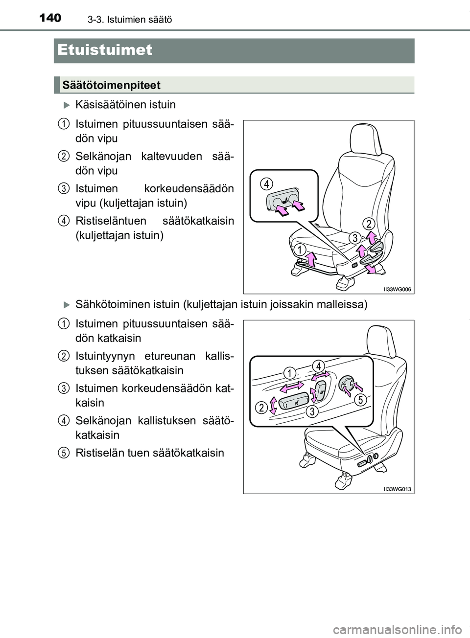 TOYOTA PRIUS PLUS 2019 Omistajan Käsikirja (in Finnish) 1403-3. Istuimien säätö
PRIUS +_OM47D30FI
Etuistuimet
Käsisäätöinen istuin
Istuimen pituussuuntaisen sää-
dön vipu
Selkänojan kaltevuuden sää-
dön vipu
Istuimen korkeudensäädön
vip TOYOTA PRIUS PLUS 2019 Omistajan Käsikirja (in Finnish) 1403-3. Istuimien säätö
PRIUS +_OM47D30FI
Etuistuimet
Käsisäätöinen istuin
Istuimen pituussuuntaisen sää-
dön vipu
Selkänojan kaltevuuden sää-
dön vipu
Istuimen korkeudensäädön
vip