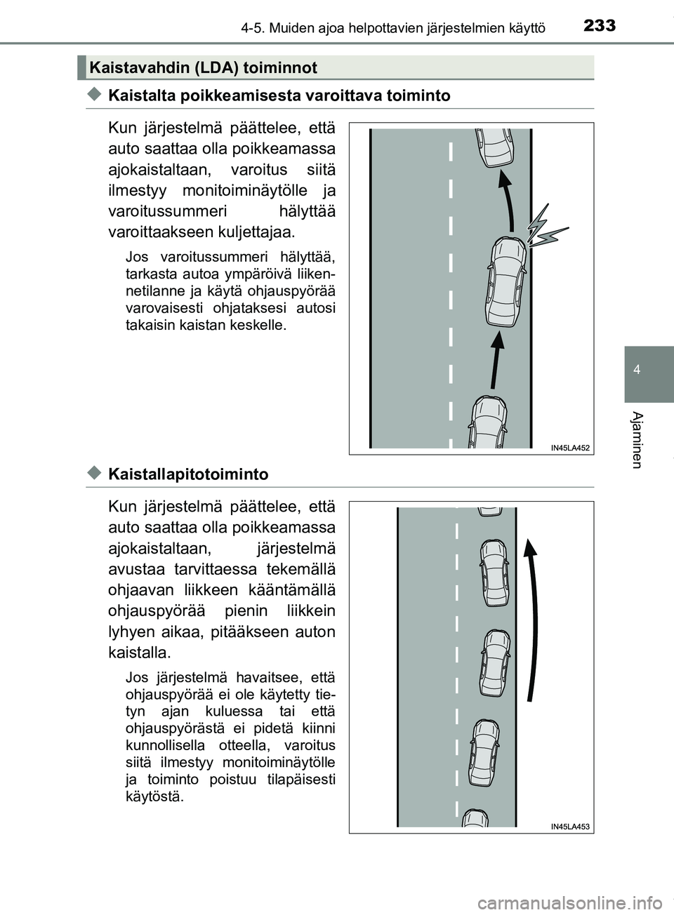 TOYOTA PRIUS PLUS 2019 Omistajan Käsikirja (in Finnish) 2334-5. Muiden ajoa helpottavien järjestelmien käyttö
4
Ajaminen
PRIUS +_OM47D30FI
uKaistalta poikkeamisesta varoittava toiminto
Kun järjestelmä päättelee, että
auto saattaa olla poikkeamassa
TOYOTA PRIUS PLUS 2019 Omistajan Käsikirja (in Finnish) 2334-5. Muiden ajoa helpottavien järjestelmien käyttö
4
Ajaminen
PRIUS +_OM47D30FI
uKaistalta poikkeamisesta varoittava toiminto
Kun järjestelmä päättelee, että
auto saattaa olla poikkeamassa