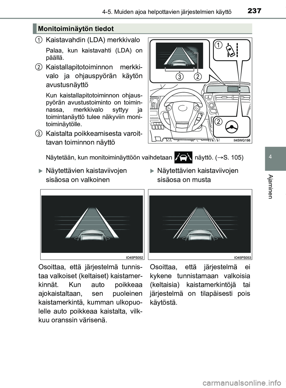 TOYOTA PRIUS PLUS 2019 Omistajan Käsikirja (in Finnish) 2374-5. Muiden ajoa helpottavien järjestelmien käyttö
4
Ajaminen
PRIUS +_OM47D30FI
Kaistavahdin (LDA) merkkivalo
Palaa, kun kaistavahti (LDA) on
päällä.
Kaistallapitotoiminnon merkki-
valo ja oh TOYOTA PRIUS PLUS 2019 Omistajan Käsikirja (in Finnish) 2374-5. Muiden ajoa helpottavien järjestelmien käyttö
4
Ajaminen
PRIUS +_OM47D30FI
Kaistavahdin (LDA) merkkivalo
Palaa, kun kaistavahti (LDA) on
päällä.
Kaistallapitotoiminnon merkki-
valo ja oh