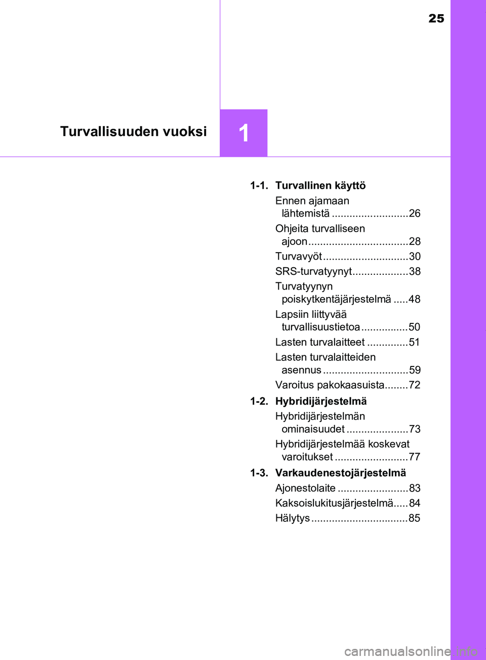 TOYOTA PRIUS PLUS 2019 Omistajan Käsikirja (in Finnish) 25
1Turvallisuuden vuoksi
PRIUS +_OM47D30FI1-1. Turvallinen käyttö
Ennen ajamaan lähtemistä .......................... 26
Ohjeita turvalliseen ajoon .................................. 28
Turvavyà TOYOTA PRIUS PLUS 2019 Omistajan Käsikirja (in Finnish) 25
1Turvallisuuden vuoksi
PRIUS +_OM47D30FI1-1. Turvallinen käyttö
Ennen ajamaan lähtemistä .......................... 26
Ohjeita turvalliseen ajoon .................................. 28
TurvavyÃ