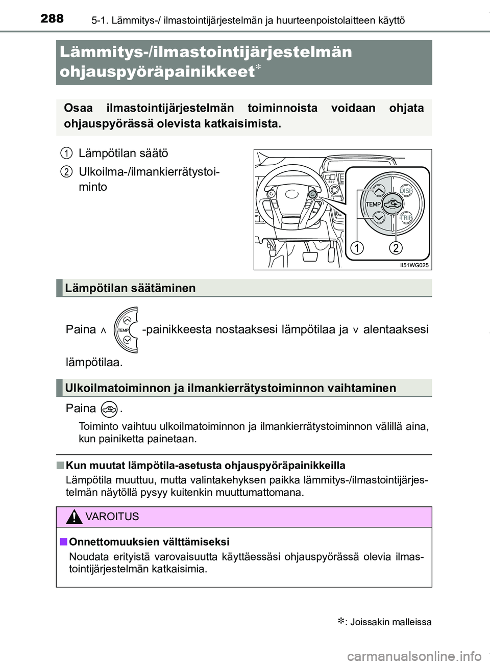 TOYOTA PRIUS PLUS 2019 Omistajan Käsikirja (in Finnish) 2885-1. Lämmitys-/ ilmastointijärjestelmän ja huurteenpoistolaitteen käyttö
PRIUS +_OM47D30FI
Lämmitys-/ilmastointijärjestelmän
ohjauspyöräpainikkeet
Lämpötilan säätö
Ulkoilma-/ilm TOYOTA PRIUS PLUS 2019 Omistajan Käsikirja (in Finnish) 2885-1. Lämmitys-/ ilmastointijärjestelmän ja huurteenpoistolaitteen käyttö
PRIUS +_OM47D30FI
Lämmitys-/ilmastointijärjestelmän
ohjauspyöräpainikkeet
Lämpötilan säätö
Ulkoilma-/ilm