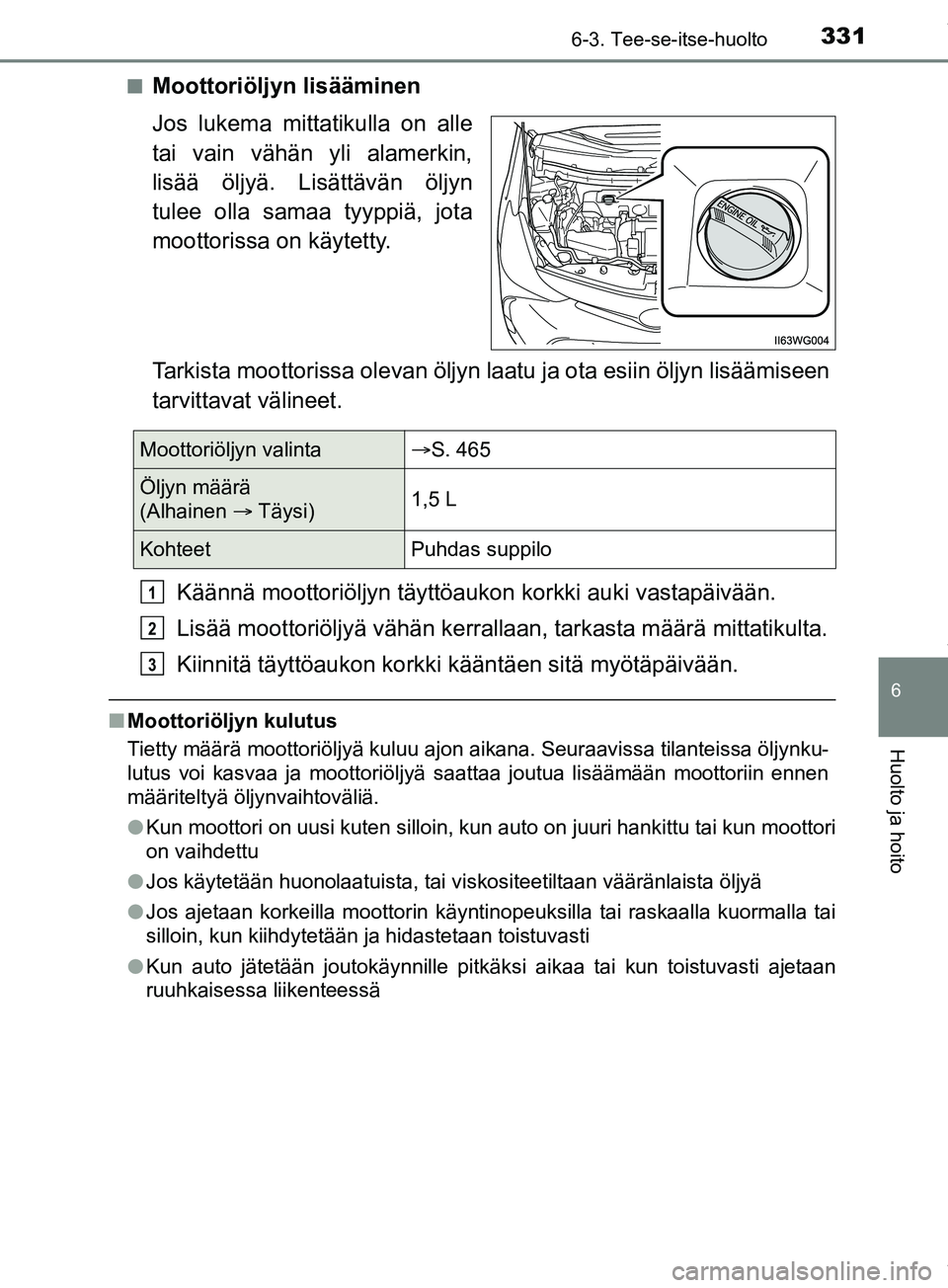 TOYOTA PRIUS PLUS 2019 Omistajan Käsikirja (in Finnish) 3316-3. Tee-se-itse-huolto
PRIUS +_OM47D30FI
6
Huolto ja hoito
nMoottoriöljyn lisääminen
Jos lukema mittatikulla on alle
tai vain vähän yli alamerkin,
lisää öljyä. Lisättävän öljyn
tulee TOYOTA PRIUS PLUS 2019 Omistajan Käsikirja (in Finnish) 3316-3. Tee-se-itse-huolto
PRIUS +_OM47D30FI
6
Huolto ja hoito
nMoottoriöljyn lisääminen
Jos lukema mittatikulla on alle
tai vain vähän yli alamerkin,
lisää öljyä. Lisättävän öljyn
tulee