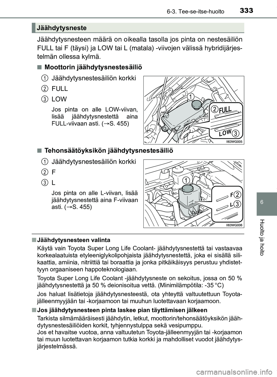TOYOTA PRIUS PLUS 2019 Omistajan Käsikirja (in Finnish) 3336-3. Tee-se-itse-huolto
PRIUS +_OM47D30FI
6
Huolto ja hoito
Jäähdytysnesteen määrä on oikealla tasolla jos pinta on nestesäiliön
FULL tai F (täysi) ja LOW tai L (mat ala) -viivojen väliss TOYOTA PRIUS PLUS 2019 Omistajan Käsikirja (in Finnish) 3336-3. Tee-se-itse-huolto
PRIUS +_OM47D30FI
6
Huolto ja hoito
Jäähdytysnesteen määrä on oikealla tasolla jos pinta on nestesäiliön
FULL tai F (täysi) ja LOW tai L (mat ala) -viivojen väliss