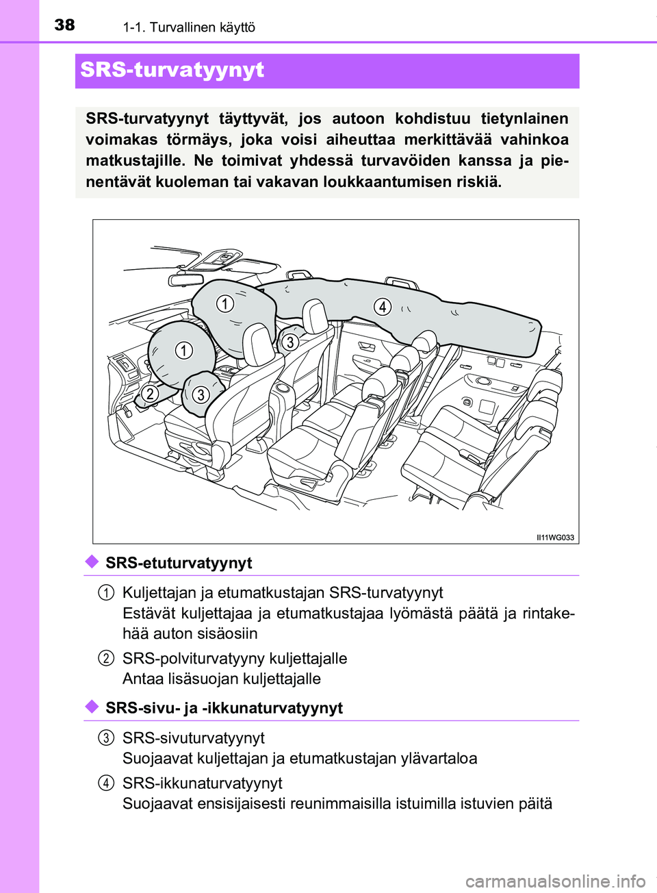 TOYOTA PRIUS PLUS 2019 Omistajan Käsikirja (in Finnish) 381-1. Turvallinen käyttö
PRIUS +_OM47D30FI
SRS-turvatyynyt
uSRS-etuturvatyynytKuljettajan ja etumatkustajan SRS-turvatyynyt
Estävät kuljettajaa ja etumatkustajaa lyömästä päätä ja rintake-
TOYOTA PRIUS PLUS 2019 Omistajan Käsikirja (in Finnish) 381-1. Turvallinen käyttö
PRIUS +_OM47D30FI
SRS-turvatyynyt
uSRS-etuturvatyynytKuljettajan ja etumatkustajan SRS-turvatyynyt
Estävät kuljettajaa ja etumatkustajaa lyömästä päätä ja rintake-