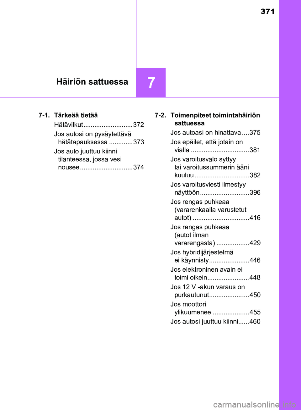 TOYOTA PRIUS PLUS 2019 Omistajan Käsikirja (in Finnish) 371
7Häiriön sattuessa
PRIUS +_OM47D30FI7-1. Tärkeää tietää
Hätävilkut ........................... 372
Jos autosi on pysäytettävä hätätapauksessa ............. 373
Jos auto juuttuu kiinn TOYOTA PRIUS PLUS 2019 Omistajan Käsikirja (in Finnish) 371
7Häiriön sattuessa
PRIUS +_OM47D30FI7-1. Tärkeää tietää
Hätävilkut ........................... 372
Jos autosi on pysäytettävä hätätapauksessa ............. 373
Jos auto juuttuu kiinn