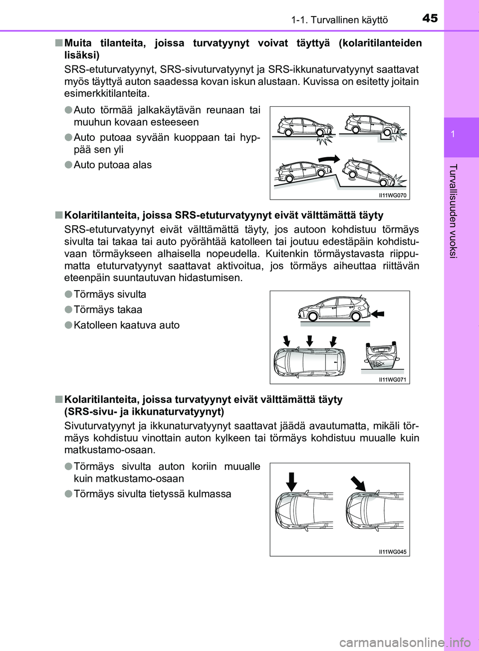 TOYOTA PRIUS PLUS 2019 Omistajan Käsikirja (in Finnish) 451-1. Turvallinen käyttö
1
PRIUS +_OM47D30FI
Turvallisuuden vuoksi
nMuita tilanteita, joissa turvatyynyt voivat täyttyä (kolaritilanteiden
lisäksi)
SRS-etuturvatyynyt, SRS-sivuturvatyynyt ja SRS TOYOTA PRIUS PLUS 2019 Omistajan Käsikirja (in Finnish) 451-1. Turvallinen käyttö
1
PRIUS +_OM47D30FI
Turvallisuuden vuoksi
nMuita tilanteita, joissa turvatyynyt voivat täyttyä (kolaritilanteiden
lisäksi)
SRS-etuturvatyynyt, SRS-sivuturvatyynyt ja SRS
