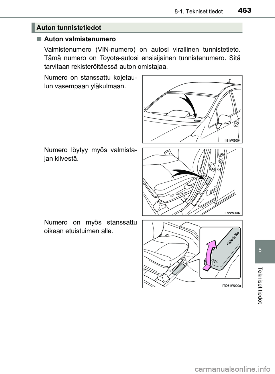 TOYOTA PRIUS PLUS 2019 Omistajan Käsikirja (in Finnish) 4638-1. Tekniset tiedot
PRIUS +_OM47D30FI
8
Tekniset tiedot
nAuton valmistenumero
Valmistenumero (VIN-numero) on autosi virallinen tunnistetieto.
Tämä numero on Toyota-autosi ensisijainen tunnisten TOYOTA PRIUS PLUS 2019 Omistajan Käsikirja (in Finnish) 4638-1. Tekniset tiedot
PRIUS +_OM47D30FI
8
Tekniset tiedot
nAuton valmistenumero
Valmistenumero (VIN-numero) on autosi virallinen tunnistetieto.
Tämä numero on Toyota-autosi ensisijainen tunnisten