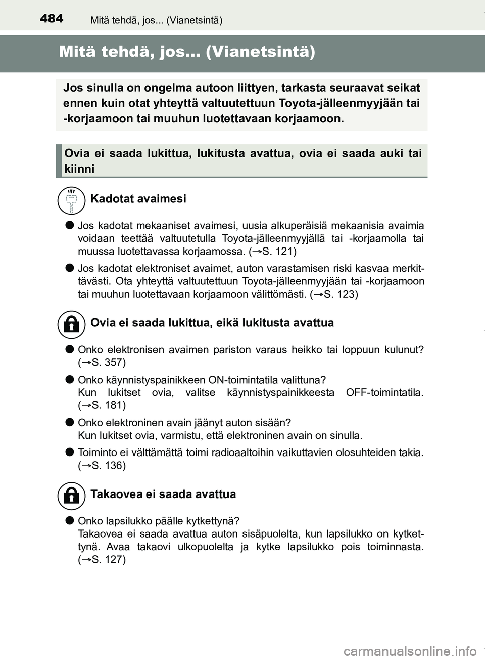 TOYOTA PRIUS PLUS 2019 Omistajan Käsikirja (in Finnish) 484Mitä tehdä, jos... (Vianetsintä)
PRIUS +_OM47D30FI
Mitä tehdä, jos... (Vianetsintä)
lJos kadotat mekaaniset avaimesi, uusia alkuperäisiä mekaanisia avaimia
voidaan teettää valtuutetulla T TOYOTA PRIUS PLUS 2019 Omistajan Käsikirja (in Finnish) 484Mitä tehdä, jos... (Vianetsintä)
PRIUS +_OM47D30FI
Mitä tehdä, jos... (Vianetsintä)
lJos kadotat mekaaniset avaimesi, uusia alkuperäisiä mekaanisia avaimia
voidaan teettää valtuutetulla T