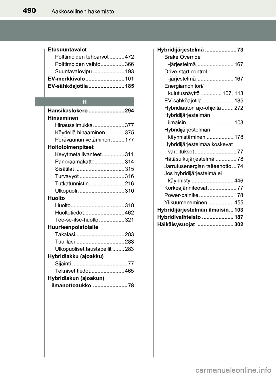 TOYOTA PRIUS PLUS 2019 Omistajan Käsikirja (in Finnish) 490Aakkosellinen hakemisto
PRIUS +_OM47D30FI
EtusuuntavalotPolttimoiden tehoarvot .......... 472
Polttimoiden vaihto................ 366
Suuntavalovipu ..................... 193
EV-merkkivalo ........ TOYOTA PRIUS PLUS 2019 Omistajan Käsikirja (in Finnish) 490Aakkosellinen hakemisto
PRIUS +_OM47D30FI
EtusuuntavalotPolttimoiden tehoarvot .......... 472
Polttimoiden vaihto................ 366
Suuntavalovipu ..................... 193
EV-merkkivalo ........