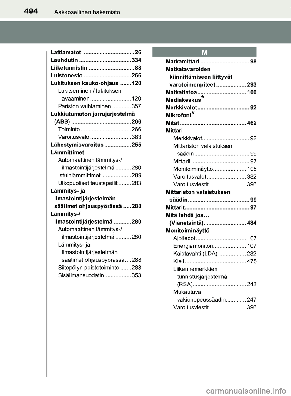 TOYOTA PRIUS PLUS 2019  Omistajan Käsikirja (in Finnish) 494Aakkosellinen hakemisto
PRIUS +_OM47D30FI
Lattiamatot ................................ 26
Lauhdutin ................................. 334
Liiketunnistin ............................. 88
Luistonesto