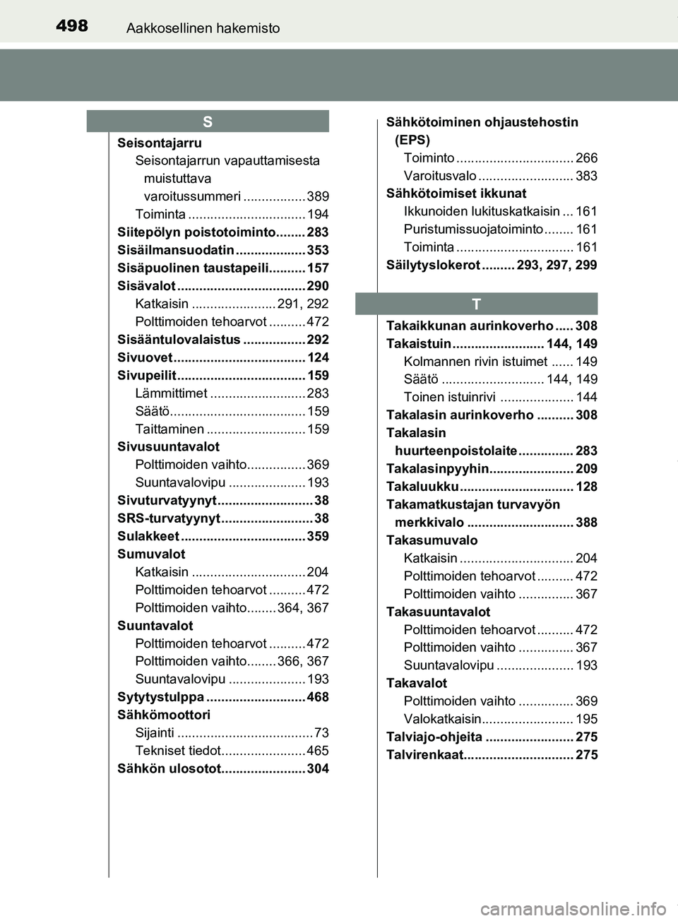 TOYOTA PRIUS PLUS 2019  Omistajan Käsikirja (in Finnish) 498Aakkosellinen hakemisto
PRIUS +_OM47D30FI
SeisontajarruSeisontajarrun vapauttamisesta 
muistuttava 
varoitussummeri ................. 389
Toiminta ................................ 194
Siitepölyn p