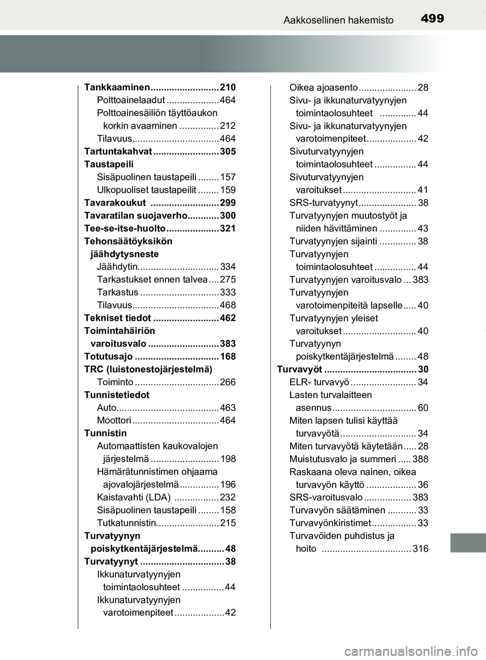 TOYOTA PRIUS PLUS 2019  Omistajan Käsikirja (in Finnish) 499Aakkosellinen hakemisto
PRIUS +_OM47D30FI
Tankkaaminen .......................... 210Polttoainelaadut .................... 464
Polttoainesäiliön täyttöaukon 
korkin avaaminen ............... 21