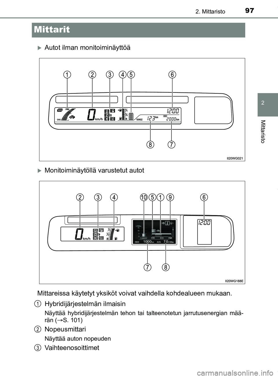 TOYOTA PRIUS PLUS 2019 Omistajan Käsikirja (in Finnish) 97
2
2. Mittaristo
Mittaristo
PRIUS +_OM47D30FI
Mittarit
Autot ilman monitoiminäyttöä
Monitoiminäytöllä varustetut autot
Mittareissa käytetyt yksiköt vo ivat vaihdella kohdealueen mukaan TOYOTA PRIUS PLUS 2019 Omistajan Käsikirja (in Finnish) 97
2
2. Mittaristo
Mittaristo
PRIUS +_OM47D30FI
Mittarit
Autot ilman monitoiminäyttöä
Monitoiminäytöllä varustetut autot
Mittareissa käytetyt yksiköt vo ivat vaihdella kohdealueen mukaan