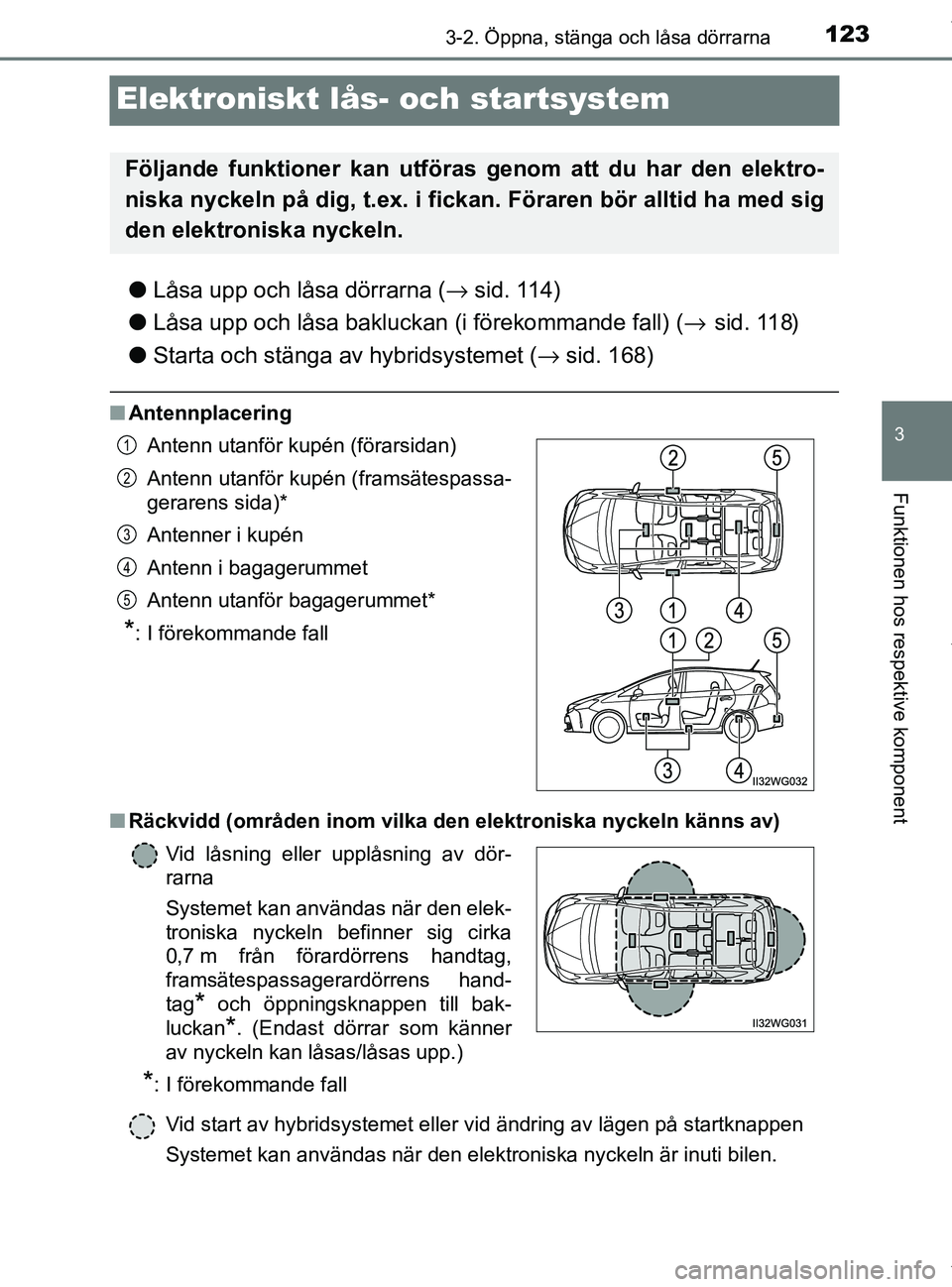 TOYOTA PRIUS PLUS 2019 Bruksanvisningar (in Swedish) 123
3
3-2. Öppna, stänga och låsa dörrarna
Funktionen hos respektive komponent
PRIUS +_OM47D30SE
Elektroniskt lås- och startsystem
lLåsa upp och låsa dörrarna ( → sid. 114)
l Låsa upp och l TOYOTA PRIUS PLUS 2019 Bruksanvisningar (in Swedish) 123
3
3-2. Öppna, stänga och låsa dörrarna
Funktionen hos respektive komponent
PRIUS +_OM47D30SE
Elektroniskt lås- och startsystem
lLåsa upp och låsa dörrarna ( → sid. 114)
l Låsa upp och l