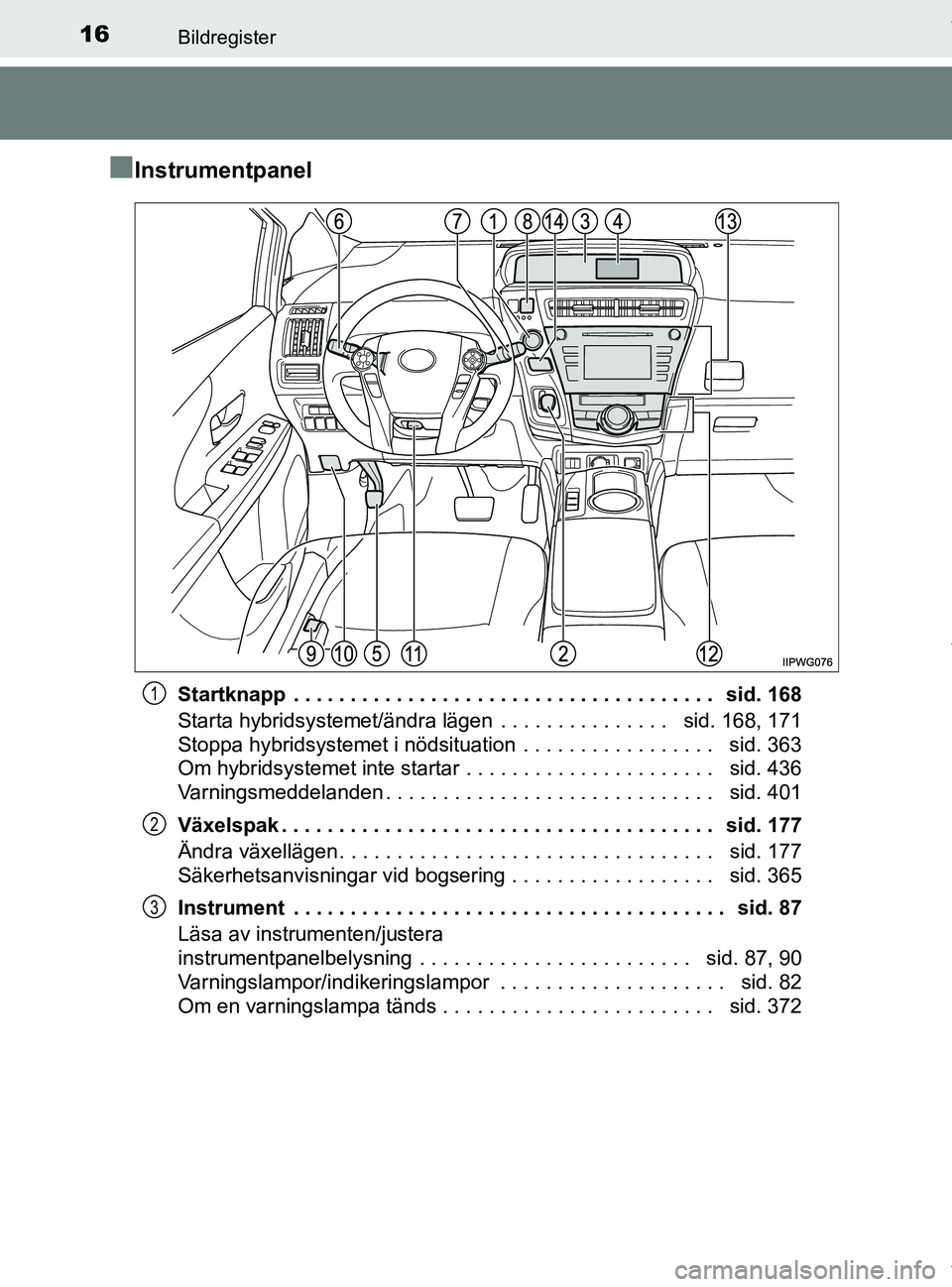 TOYOTA PRIUS PLUS 2019 Bruksanvisningar (in Swedish) 16Bildregister
PRIUS +_OM47D30SE
nInstrumentpanel
Startknapp . . . . . . . . . . . . . . . . . . . . . . . . . . . . . . . . . . . . . sid. 168
Starta hybridsystemet/ändra lägen . . . . . . . . . TOYOTA PRIUS PLUS 2019 Bruksanvisningar (in Swedish) 16Bildregister
PRIUS +_OM47D30SE
nInstrumentpanel
Startknapp . . . . . . . . . . . . . . . . . . . . . . . . . . . . . . . . . . . . . sid. 168
Starta hybridsystemet/ändra lägen . . . . . . . . .