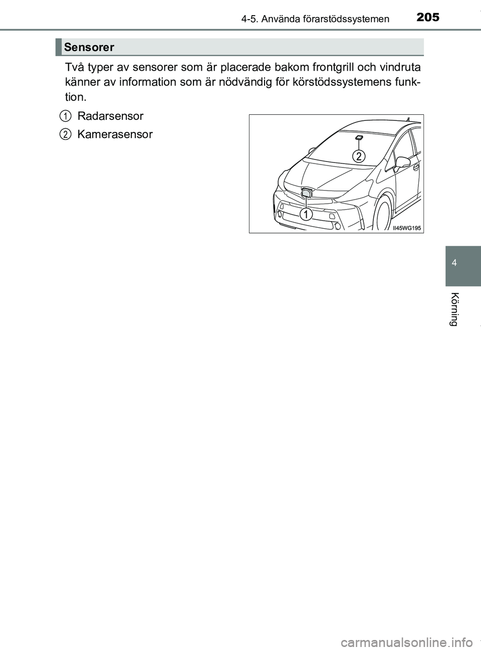 TOYOTA PRIUS PLUS 2019 Bruksanvisningar (in Swedish) 2054-5. Använda förarstödssystemen
4
Körning
PRIUS +_OM47D30SE
Två typer av sensorer som är placerade bakom frontgrill och vindruta
känner av information som är nödv ändig för körstödssys TOYOTA PRIUS PLUS 2019 Bruksanvisningar (in Swedish) 2054-5. Använda förarstödssystemen
4
Körning
PRIUS +_OM47D30SE
Två typer av sensorer som är placerade bakom frontgrill och vindruta
känner av information som är nödv ändig för körstödssys