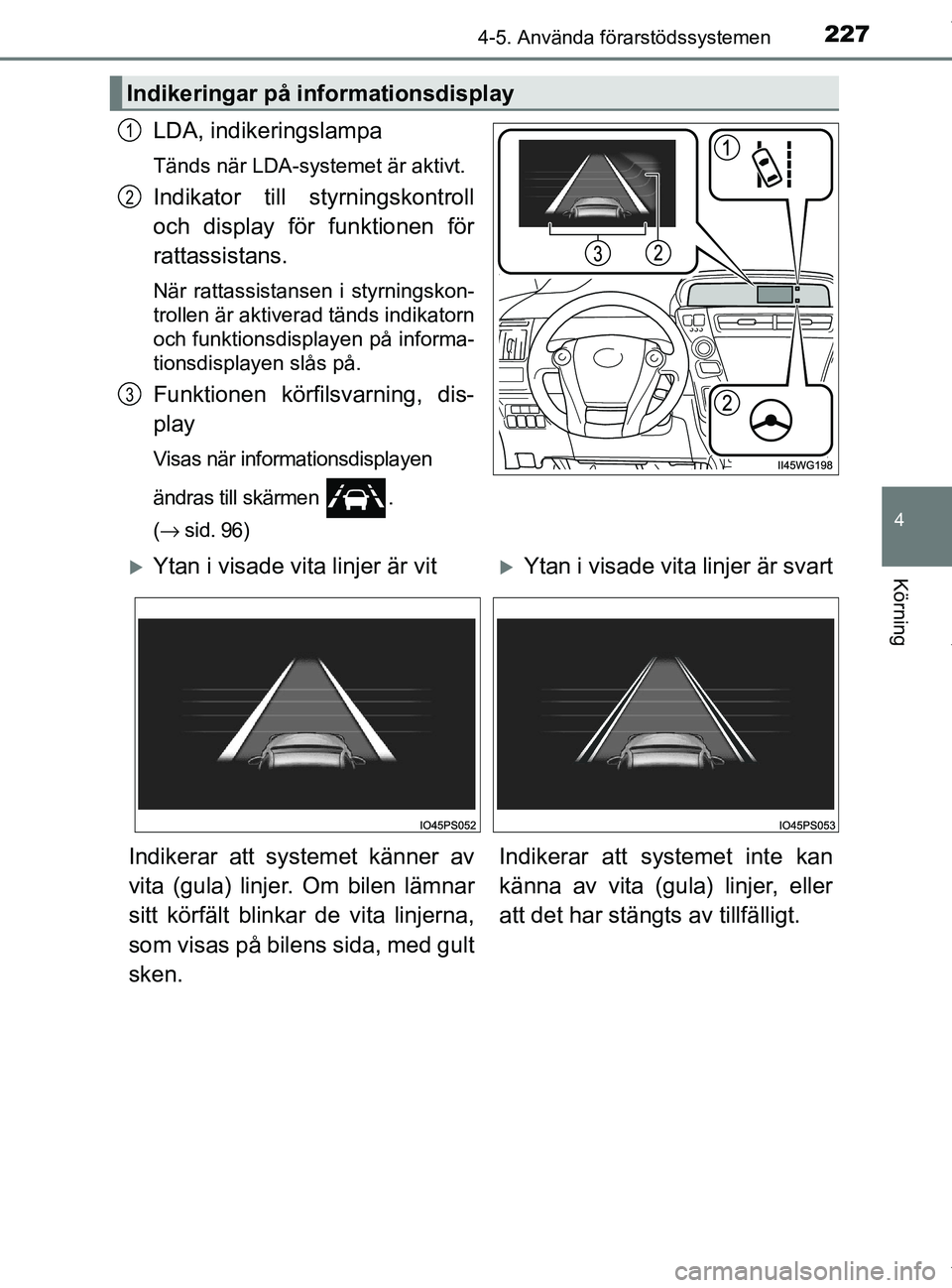TOYOTA PRIUS PLUS 2019 Bruksanvisningar (in Swedish) 2274-5. Använda förarstödssystemen
4
Körning
PRIUS +_OM47D30SE
LDA, indikeringslampa
Tänds när LDA-systemet är aktivt.
Indikator till styrningskontroll
och display för funktionen för
rattassi TOYOTA PRIUS PLUS 2019 Bruksanvisningar (in Swedish) 2274-5. Använda förarstödssystemen
4
Körning
PRIUS +_OM47D30SE
LDA, indikeringslampa
Tänds när LDA-systemet är aktivt.
Indikator till styrningskontroll
och display för funktionen för
rattassi