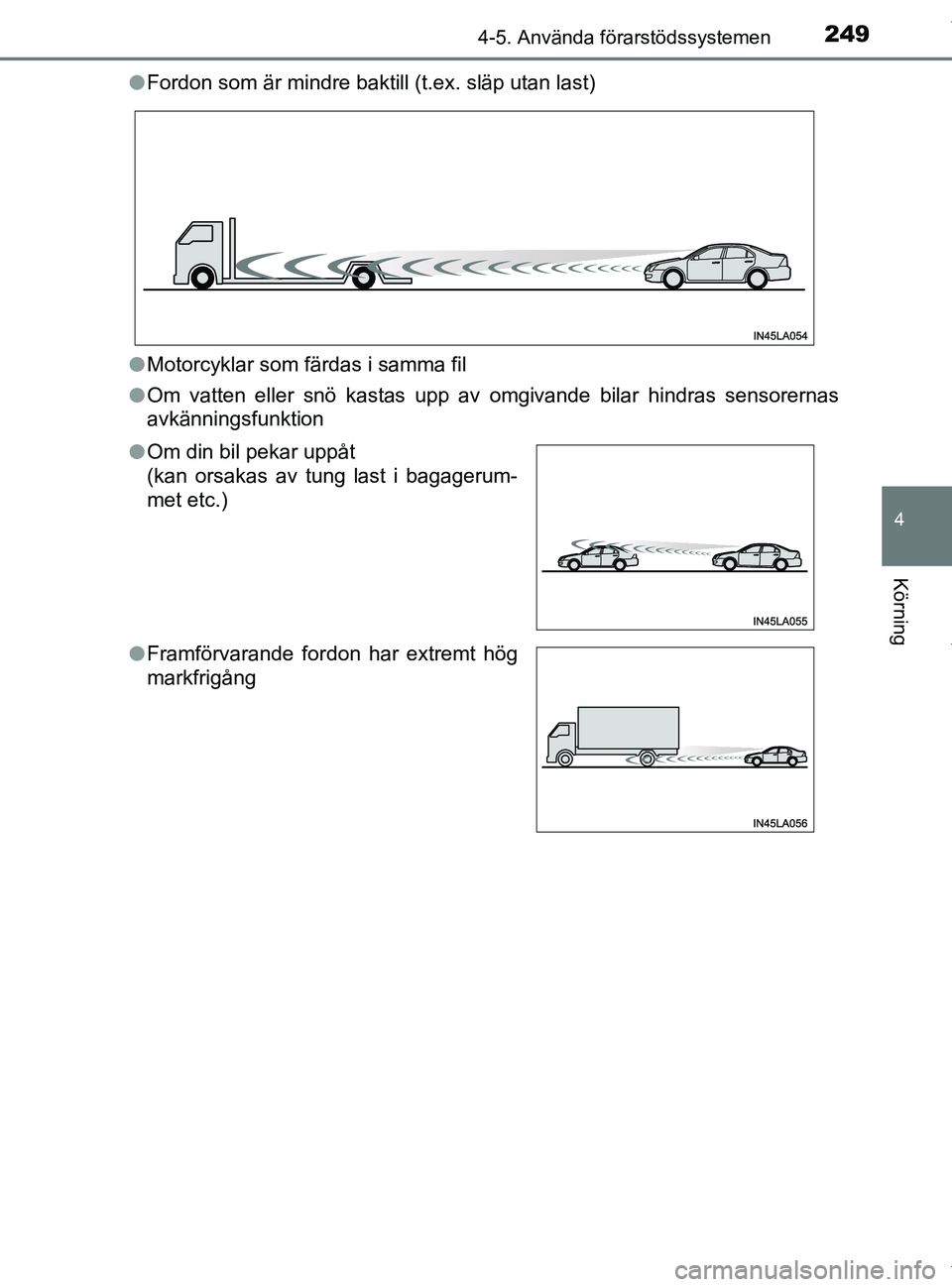 TOYOTA PRIUS PLUS 2019 Bruksanvisningar (in Swedish) 2494-5. Använda förarstödssystemen
4
Körning
PRIUS +_OM47D30SEl
Fordon som är mindre baktill (t.ex. släp utan last)
l Motorcyklar som färdas i samma fil
l Om vatten eller snö kastas upp av omg TOYOTA PRIUS PLUS 2019 Bruksanvisningar (in Swedish) 2494-5. Använda förarstödssystemen
4
Körning
PRIUS +_OM47D30SEl
Fordon som är mindre baktill (t.ex. släp utan last)
l Motorcyklar som färdas i samma fil
l Om vatten eller snö kastas upp av omg