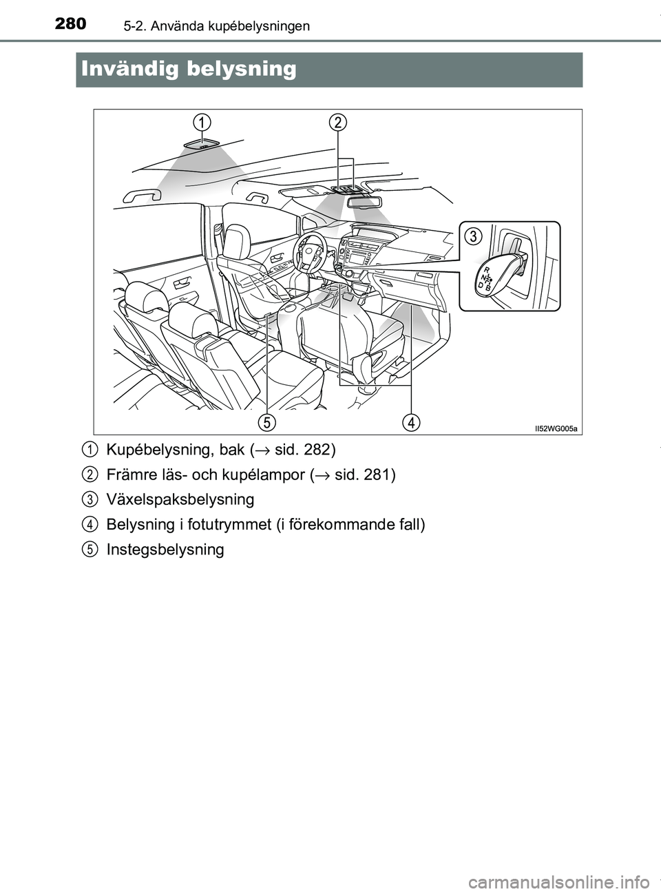 TOYOTA PRIUS PLUS 2019 Bruksanvisningar (in Swedish) 2805-2. Använda kupébelysningen
PRIUS +_OM47D30SE
Invändig belysning
Kupébelysning, bak (→ sid. 282)
Främre läs- och kupélampor ( → sid. 281)
Växelspaksbelysning
Belysning i fotutrymme t ( TOYOTA PRIUS PLUS 2019 Bruksanvisningar (in Swedish) 2805-2. Använda kupébelysningen
PRIUS +_OM47D30SE
Invändig belysning
Kupébelysning, bak (→ sid. 282)
Främre läs- och kupélampor ( → sid. 281)
Växelspaksbelysning
Belysning i fotutrymme t (