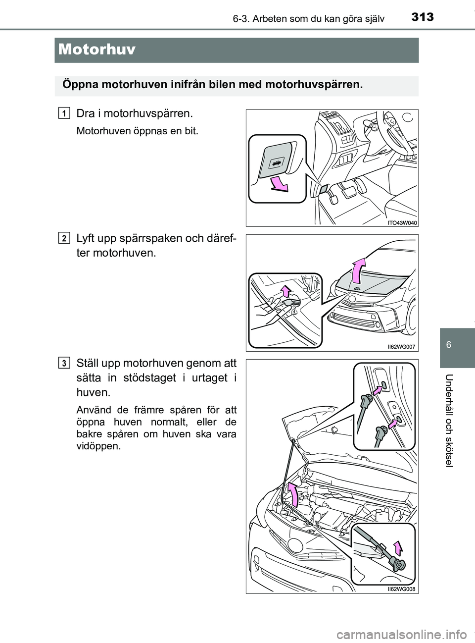 TOYOTA PRIUS PLUS 2019 Bruksanvisningar (in Swedish) 3136-3. Arbeten som du kan göra själv
PRIUS +_OM47D30SE
6
Underhåll och skötsel
Motorhuv
Dra i motorhuvspärren.
Motorhuven öppnas en bit.
Lyft upp spärrspaken och däref-
ter motorhuven.
Ställ TOYOTA PRIUS PLUS 2019 Bruksanvisningar (in Swedish) 3136-3. Arbeten som du kan göra själv
PRIUS +_OM47D30SE
6
Underhåll och skötsel
Motorhuv
Dra i motorhuvspärren.
Motorhuven öppnas en bit.
Lyft upp spärrspaken och däref-
ter motorhuven.
Ställ