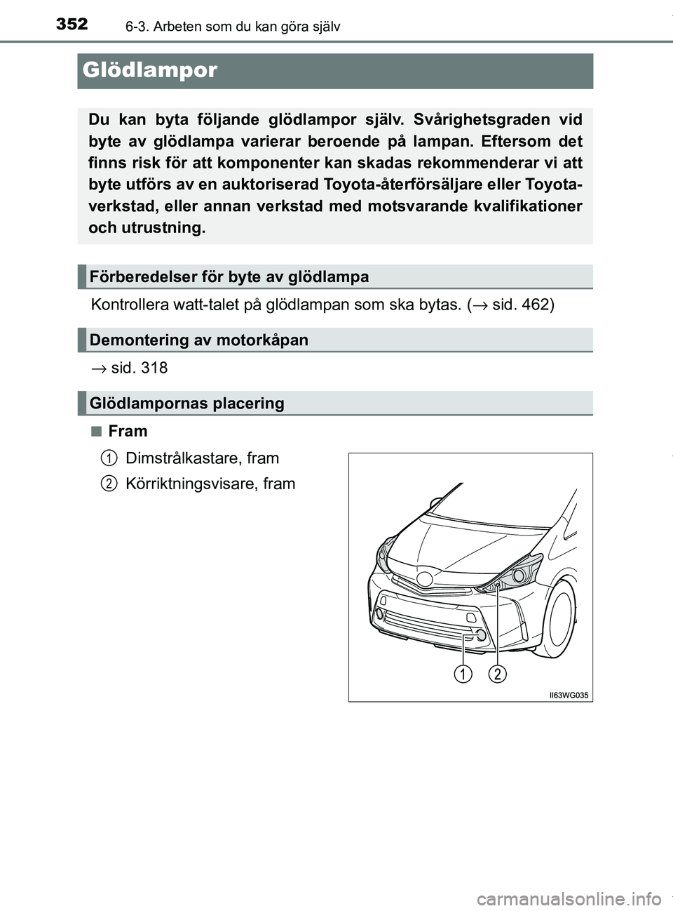 TOYOTA PRIUS PLUS 2019 Bruksanvisningar (in Swedish) 3526-3. Arbeten som du kan göra själv
PRIUS +_OM47D30SE
Glödlampor
Kontrollera watt-talet på glödlampan som ska bytas. (→ sid. 462)
→ sid. 318
nFram
Dimstrålkastare, fram
Körriktningsvisar TOYOTA PRIUS PLUS 2019 Bruksanvisningar (in Swedish) 3526-3. Arbeten som du kan göra själv
PRIUS +_OM47D30SE
Glödlampor
Kontrollera watt-talet på glödlampan som ska bytas. (→ sid. 462)
→ sid. 318
nFram
Dimstrålkastare, fram
Körriktningsvisar