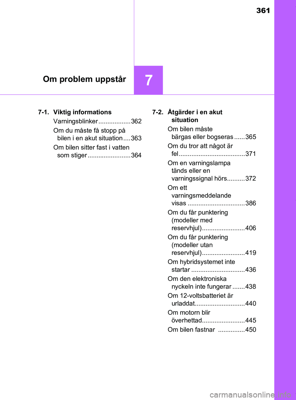 TOYOTA PRIUS PLUS 2019 Bruksanvisningar (in Swedish) 361
7Om problem uppstår
PRIUS +_OM47D30SE7-1. Viktig informations
Varningsblinker .................. 362
Om du måste få stopp på bilen i en akut situation .... 363
Om bilen sitter fast i vatten s TOYOTA PRIUS PLUS 2019 Bruksanvisningar (in Swedish) 361
7Om problem uppstår
PRIUS +_OM47D30SE7-1. Viktig informations
Varningsblinker .................. 362
Om du måste få stopp på bilen i en akut situation .... 363
Om bilen sitter fast i vatten s